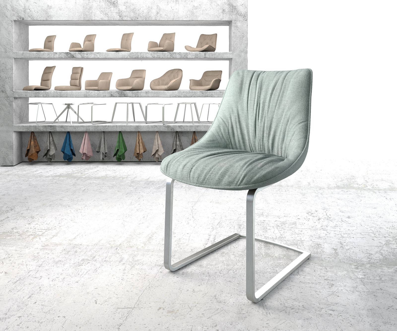 Chaise-de-salle-à-manger Elda-Flex rayures menthe cantilever plat acier inoxydable