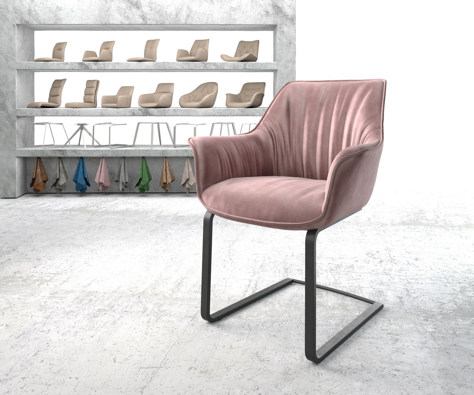 Chaise-de-salle-à-manger Keila-Flex avec accoudoir velours rosé cantilever plat noir