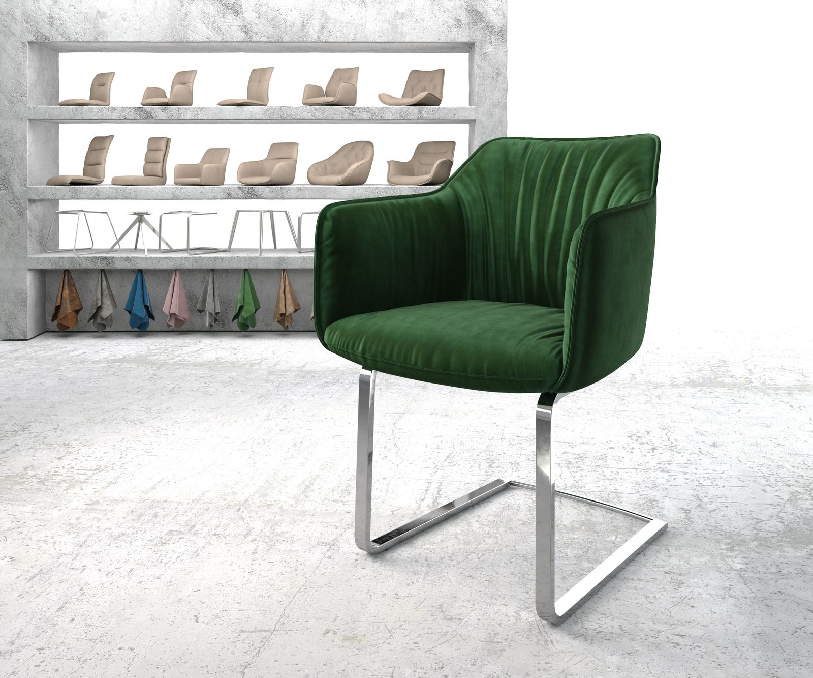 Chaise-de-salle-à-manger Elda-Flex avec accoudoir velours vert cantilever plat chromé