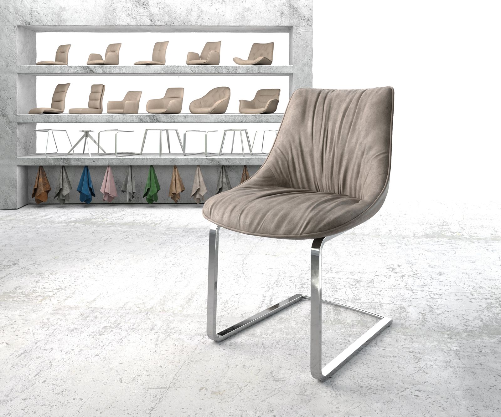 Chaise-de-salle-à-manger Elda-Flex taupe vintage cantilever plat chromé