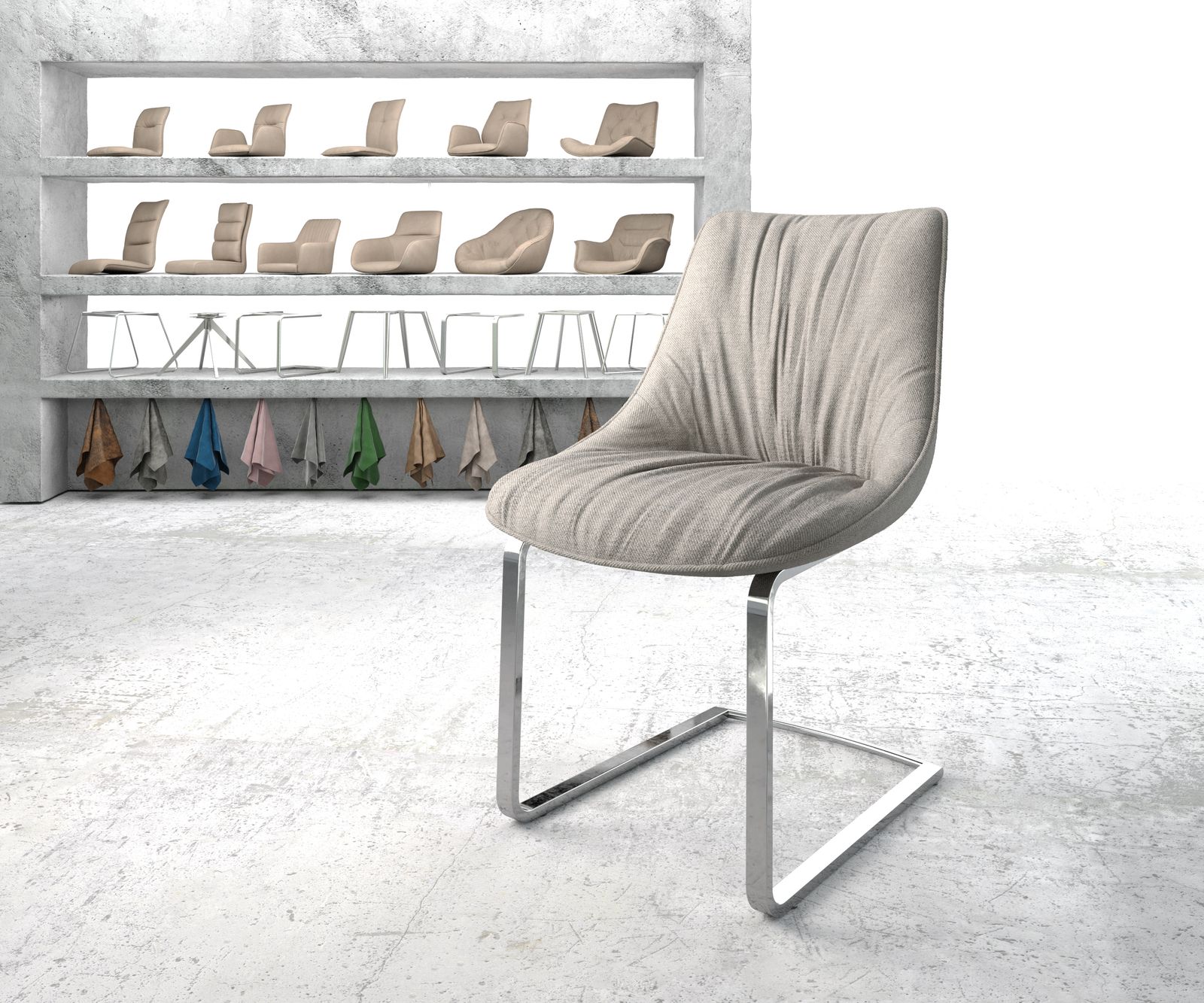 Chaise-de-salle-à-manger Elda-Flex rayures gris clair cantilever plat chromé