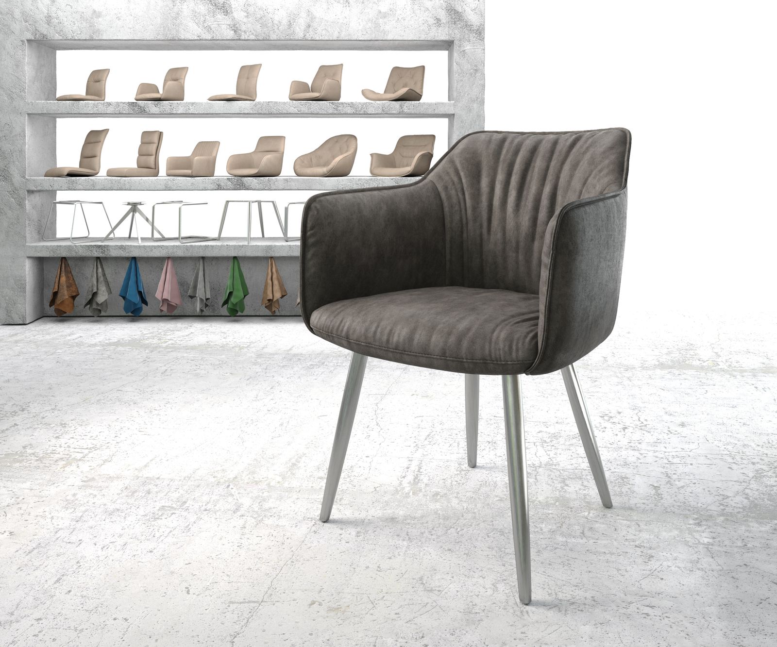 Chaise-de-salle-à-manger Elda-Flex avec accoudoir anthracite vintage 4-pieds conique acier inoxydabl