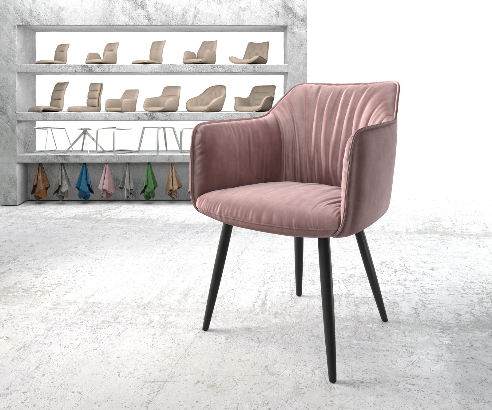 Chaise-de-salle-à-manger Elda-Flex avec accoudoir velours rosé 4-pieds conique noir