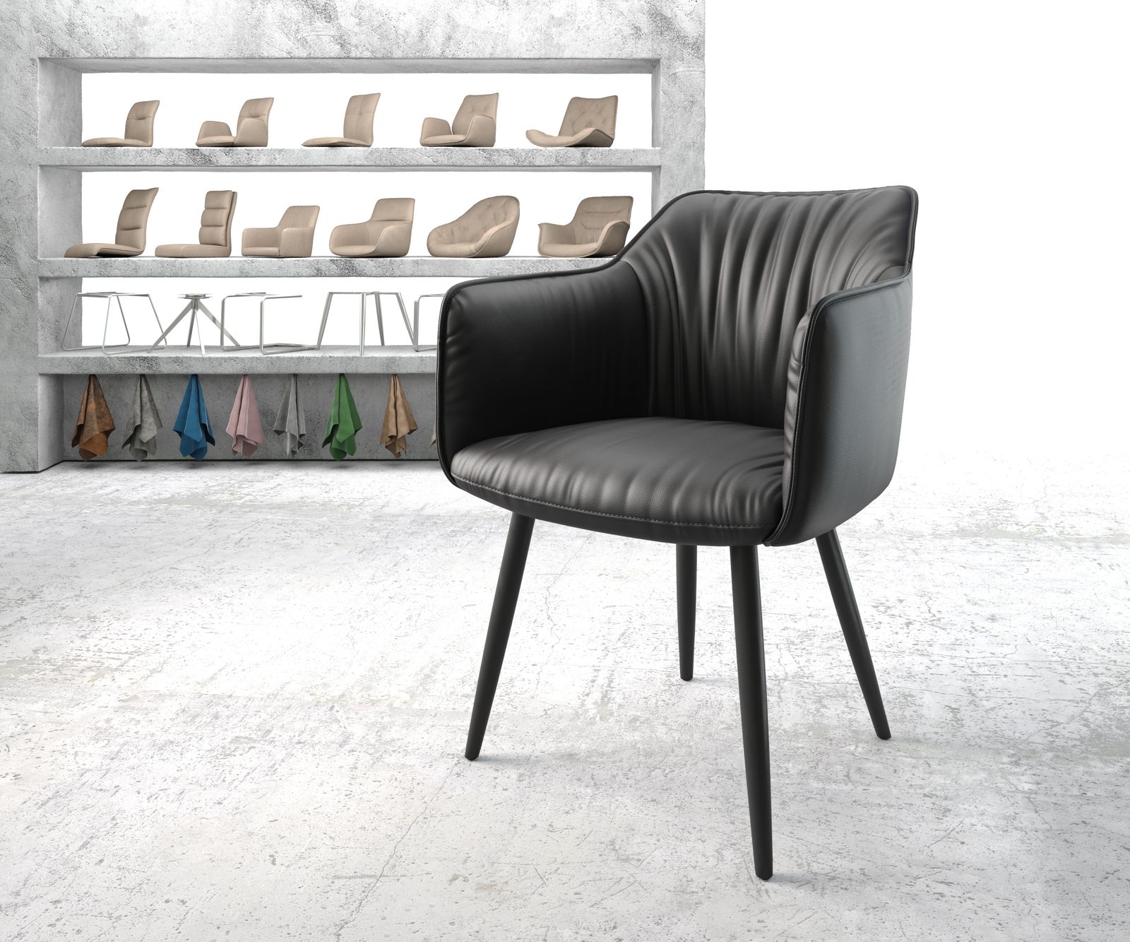 Chaise-de-salle-à-manger Elda-Flex avec accoudoir cuir véritable noir 4-pieds conique noir