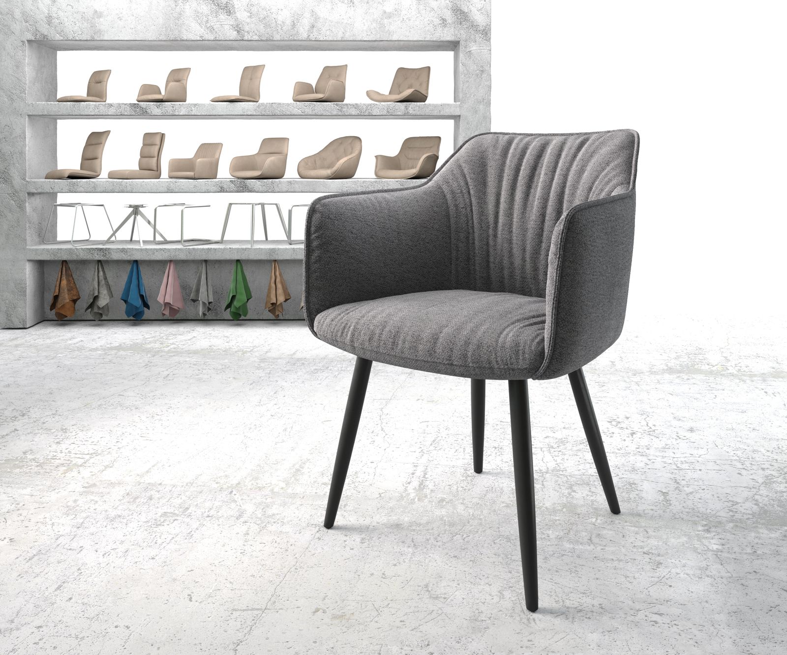 Chaise-de-salle-à-manger Elda-Flex avec accoudoir tissu texturé gris clair 4-pieds conique noir