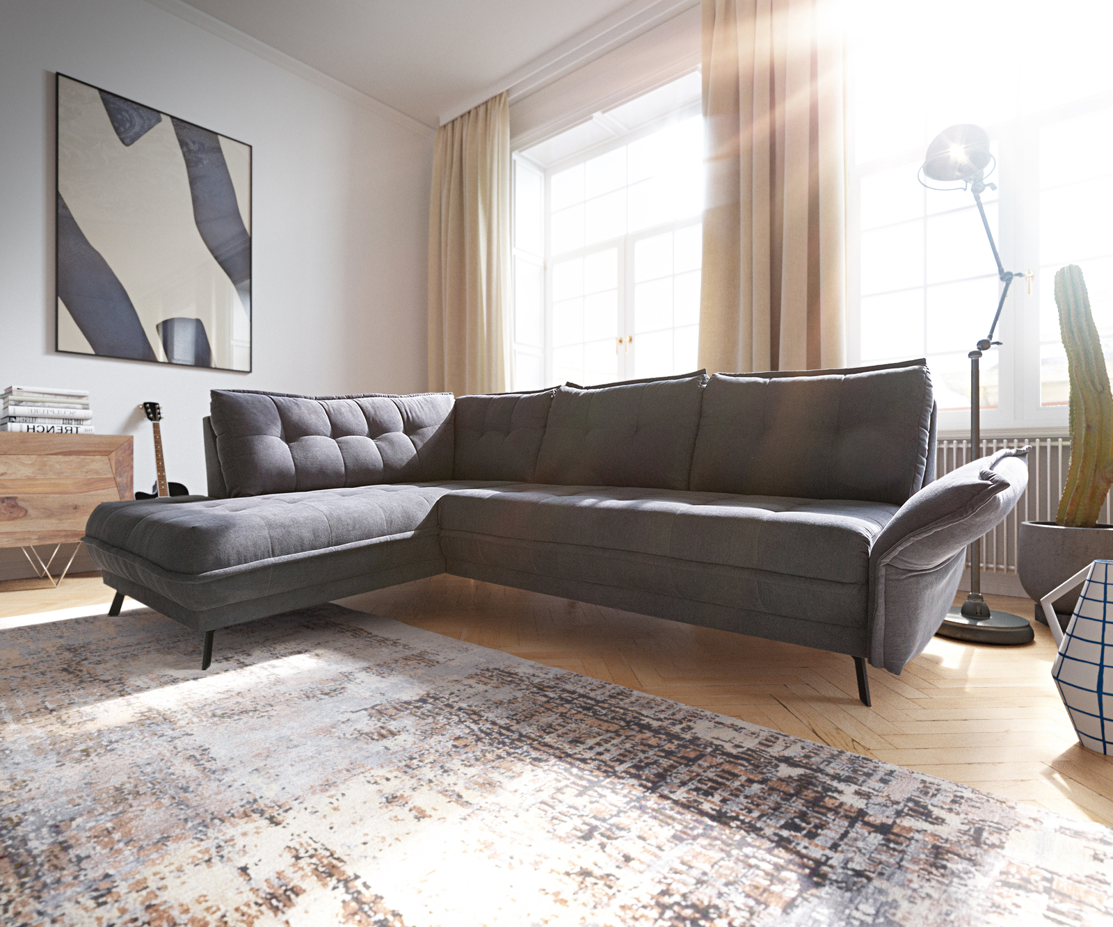 Canapé-d'angle Mallow 283x194 Graphite pouf gauche accoudoir réglable