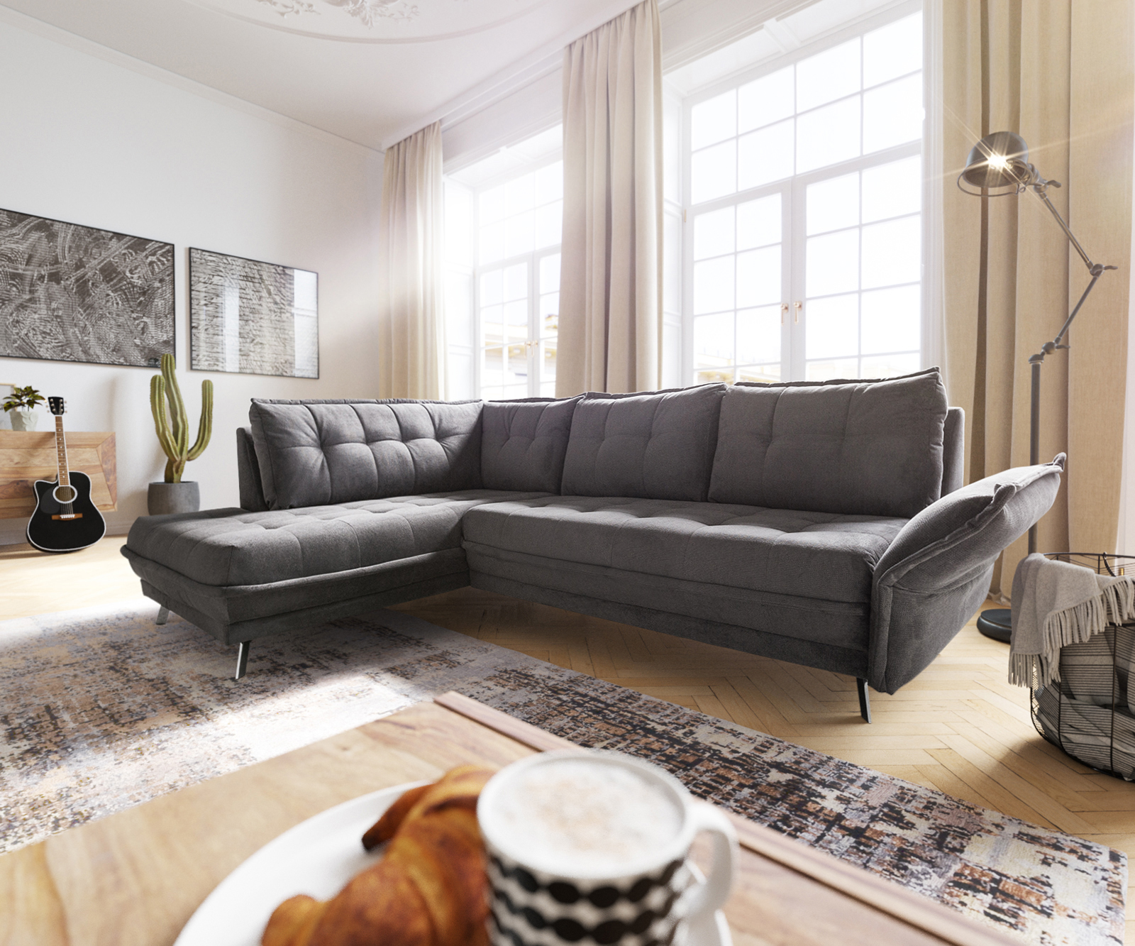 Canapé-d'angle Mallow 283x194 Gris foncé pouf gauche Accoudoir réglable