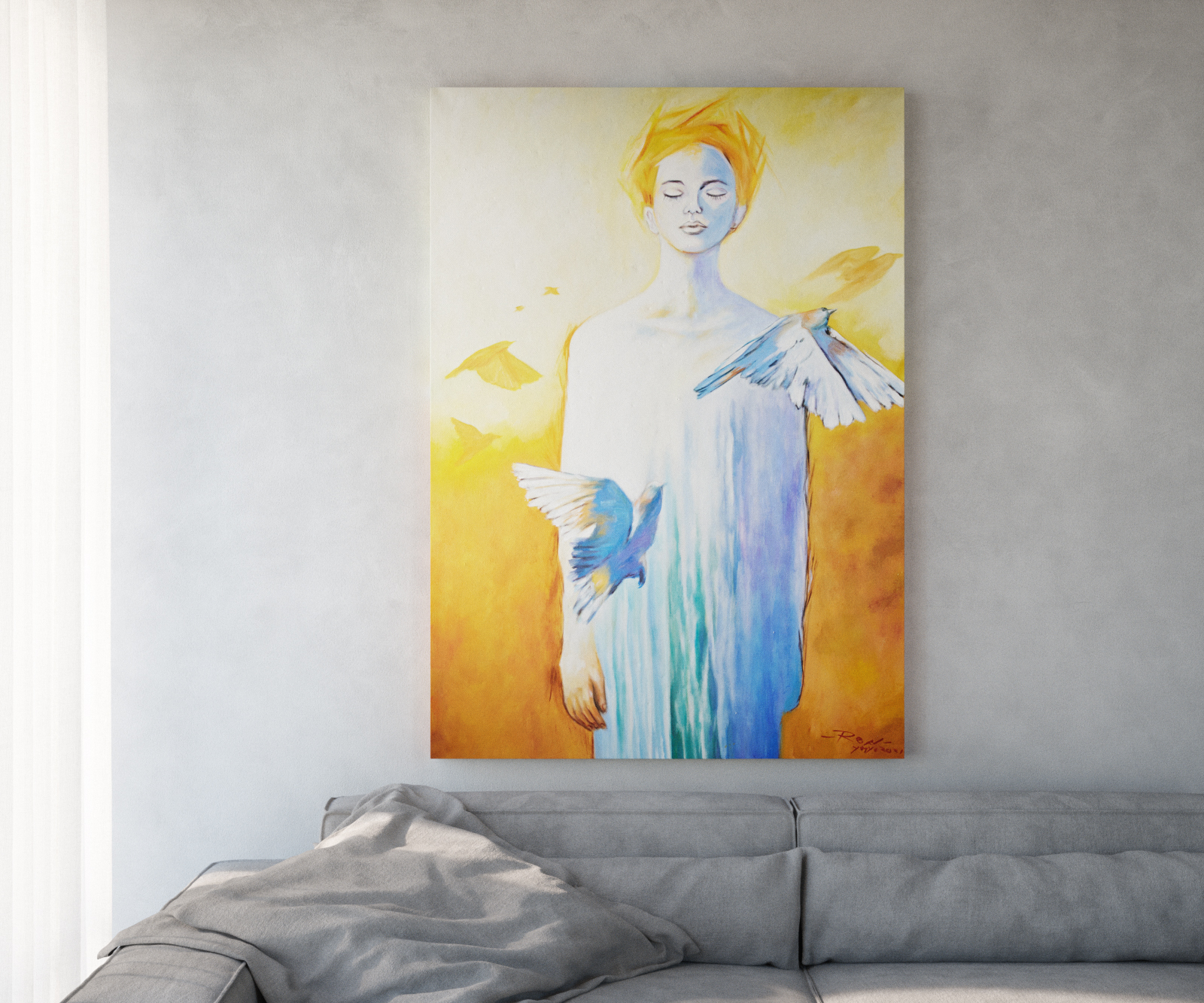 Peinture Doves multicolore 120x170 cm acrylique sur toile