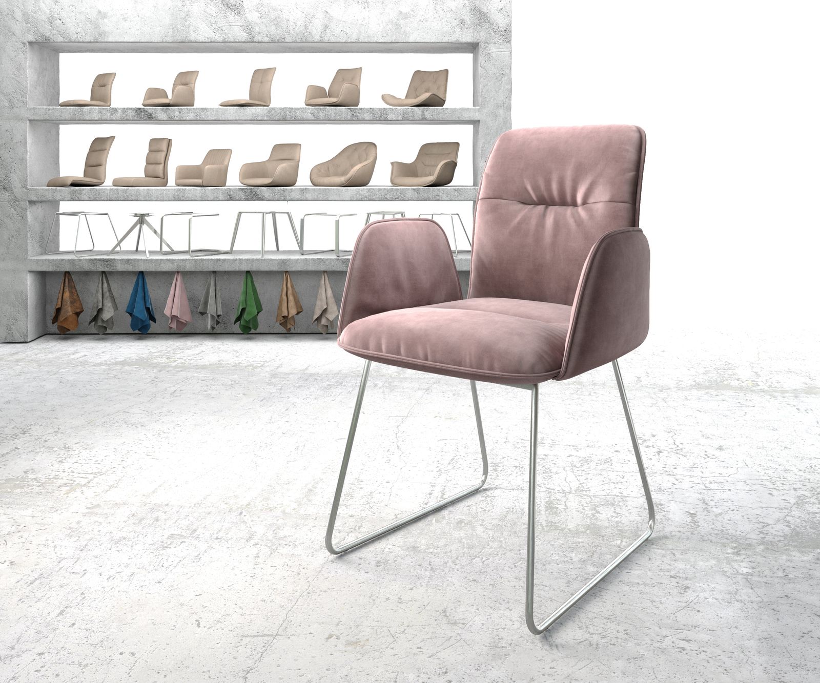 Fauteuil Vinja-Flex rosé velours cadre croisé acier inoxydable