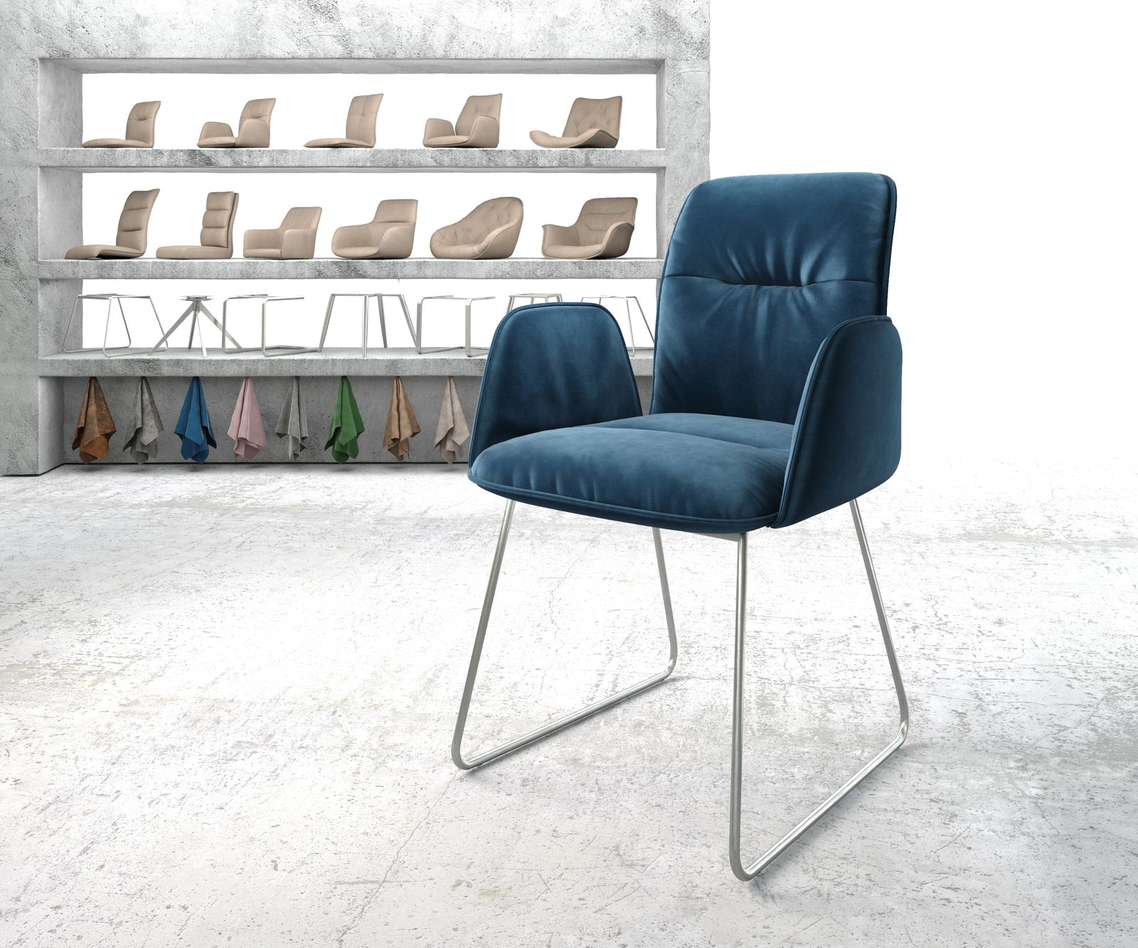 Fauteuil Vinja-Flex bleu velours cadre croisé acier inoxydable