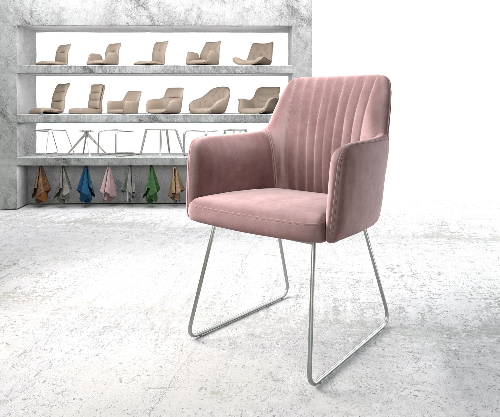 Fauteuil Greg-Flex rosé velours cadre croisé acier inoxydable