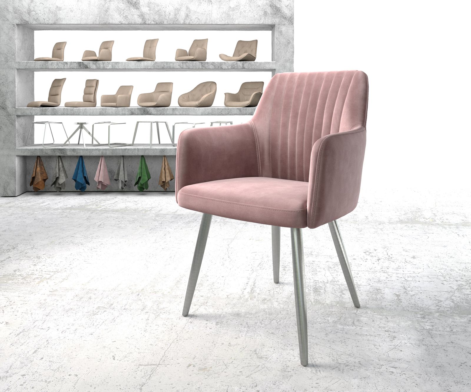 Fauteuil Greg-Flex rosé velours 4-pieds conique acier inoxydable