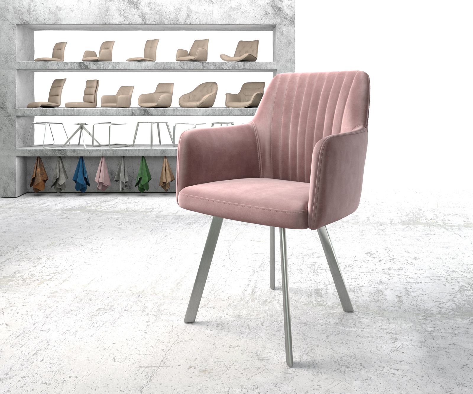 Fauteuil Greg-Flex rosé velours 4-pieds ovall acier inoxydable