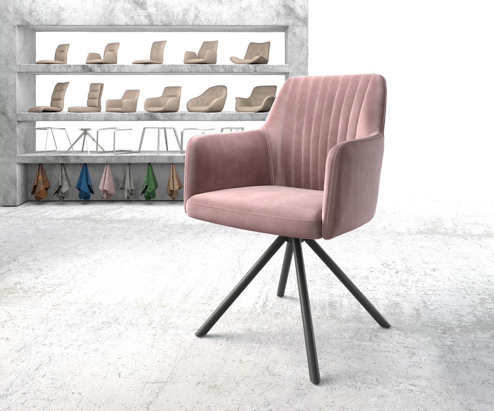 Chaise-pivotante Greg-Flex rosé velours cadre croisé rond noir