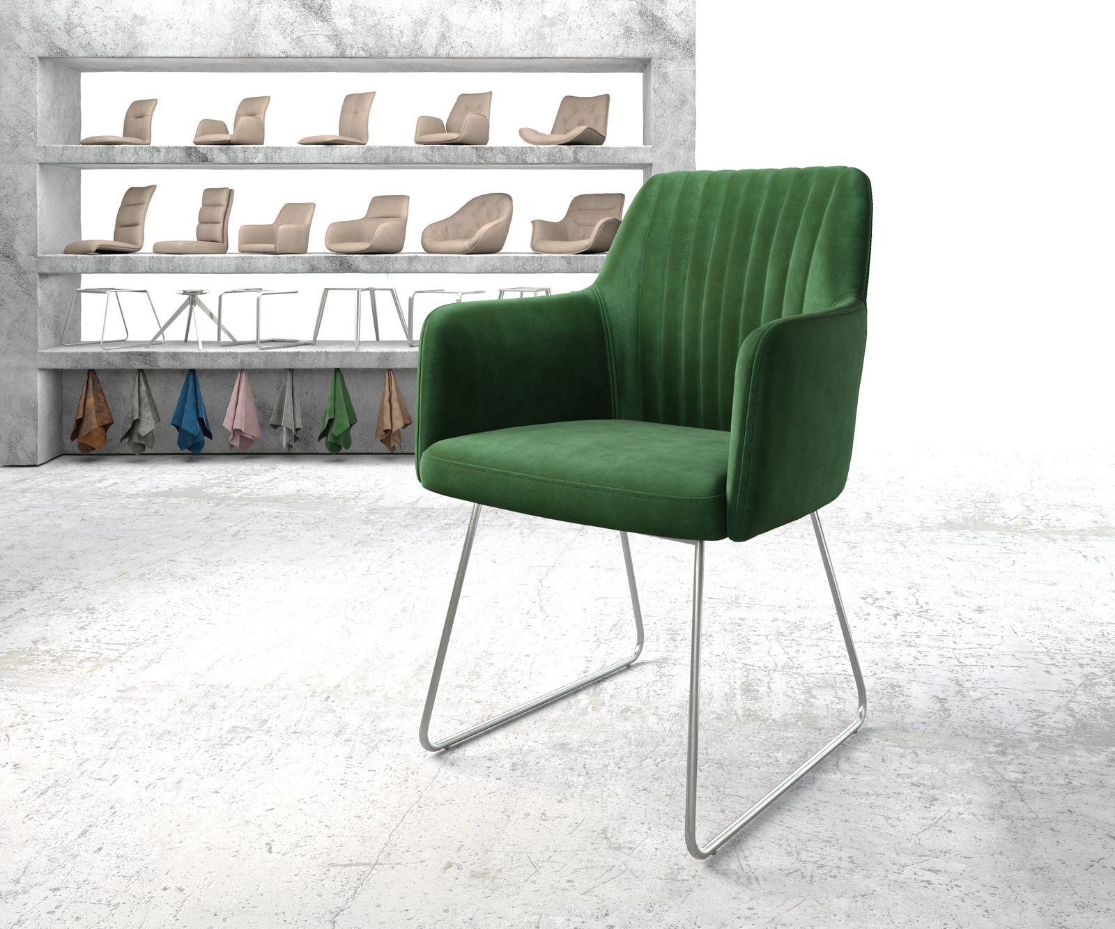 Fauteuil Greg-Flex vert velours cadre croisé acier inoxydable