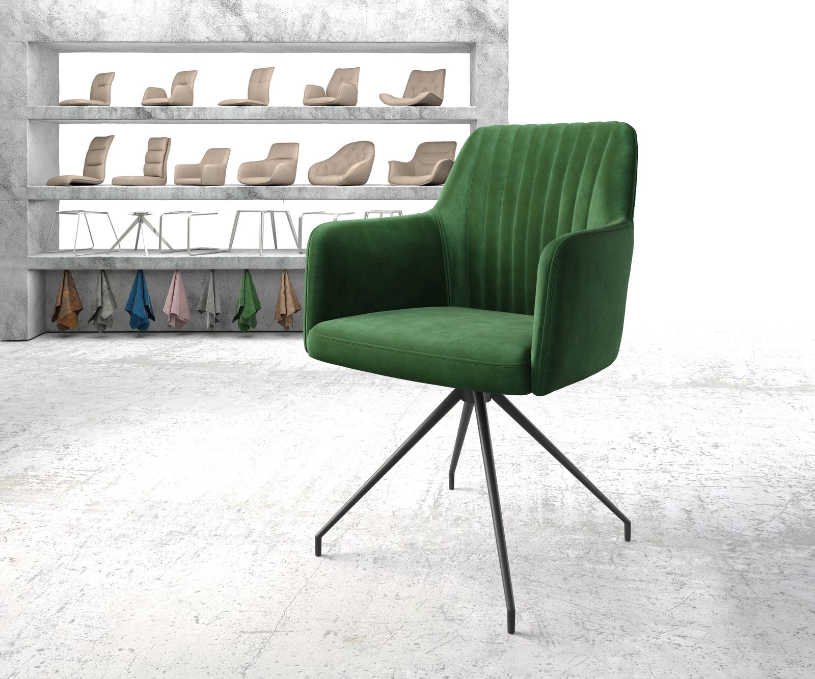 Chaise-pivotante Greg-Flex vert velours cadre croisé conique noir