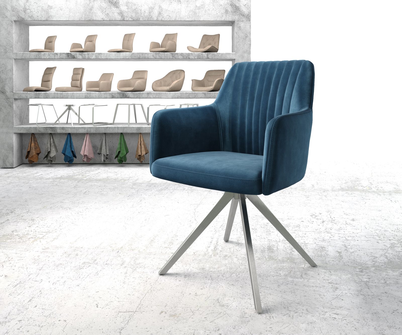 Chaise-pivotante Greg-Flex bleu velours cadre croisé angulaire acier inoxydable