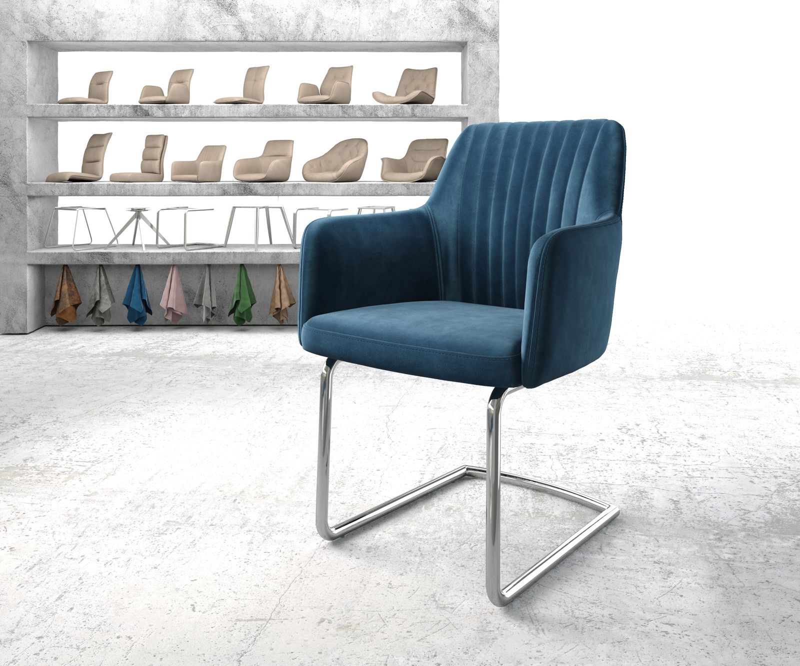 Fauteuil Greg-Flex bleu velours cantilever rond chromé