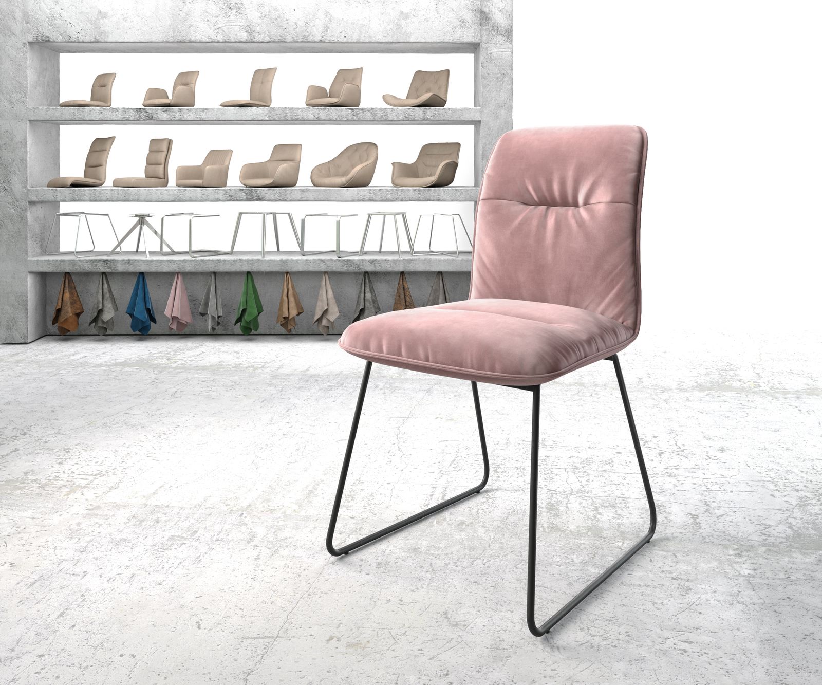 Chaise-de-salle-à-manger Vinjo-Flex rosé velours cadre croisé noir