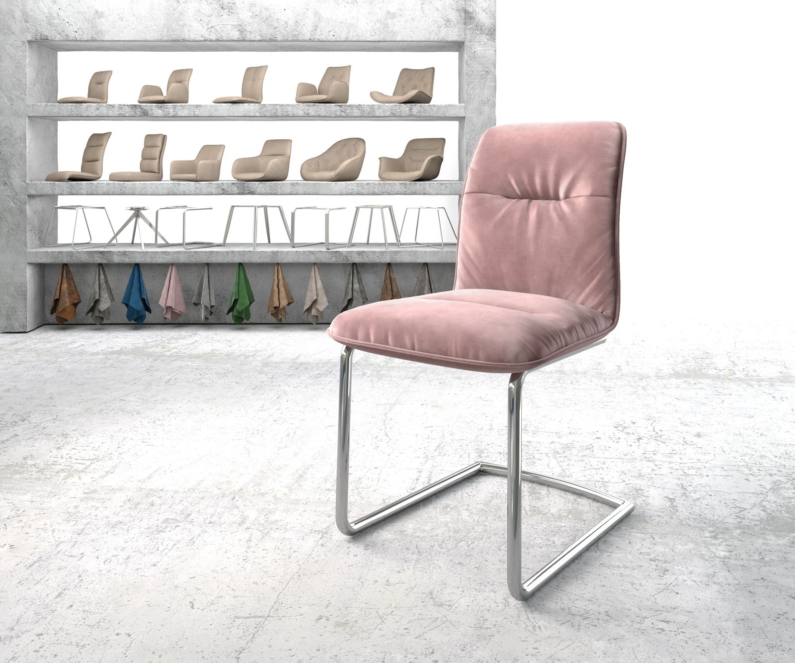 Chaise-de-salle-à-manger Vinjo-Flex rosé velours cantilever rond chromé