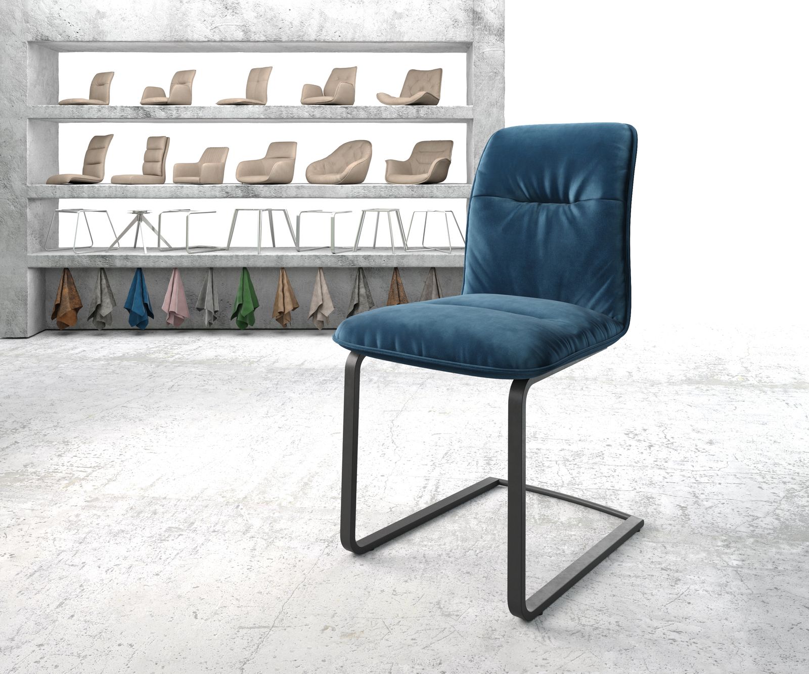 Chaise-de-salle-à-manger Vinjo-Flex bleu velours cantilever plat noir