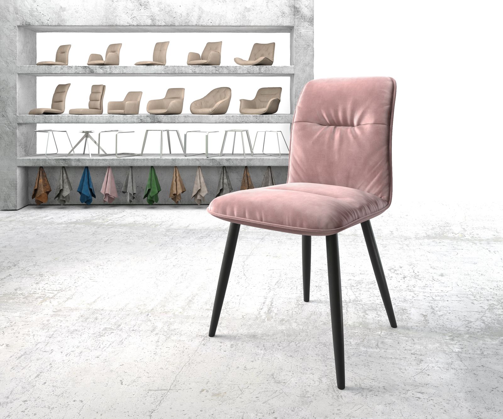 Chaise-de-salle-à-manger Vinjo-Flex rosé velours 4-pieds conique noir