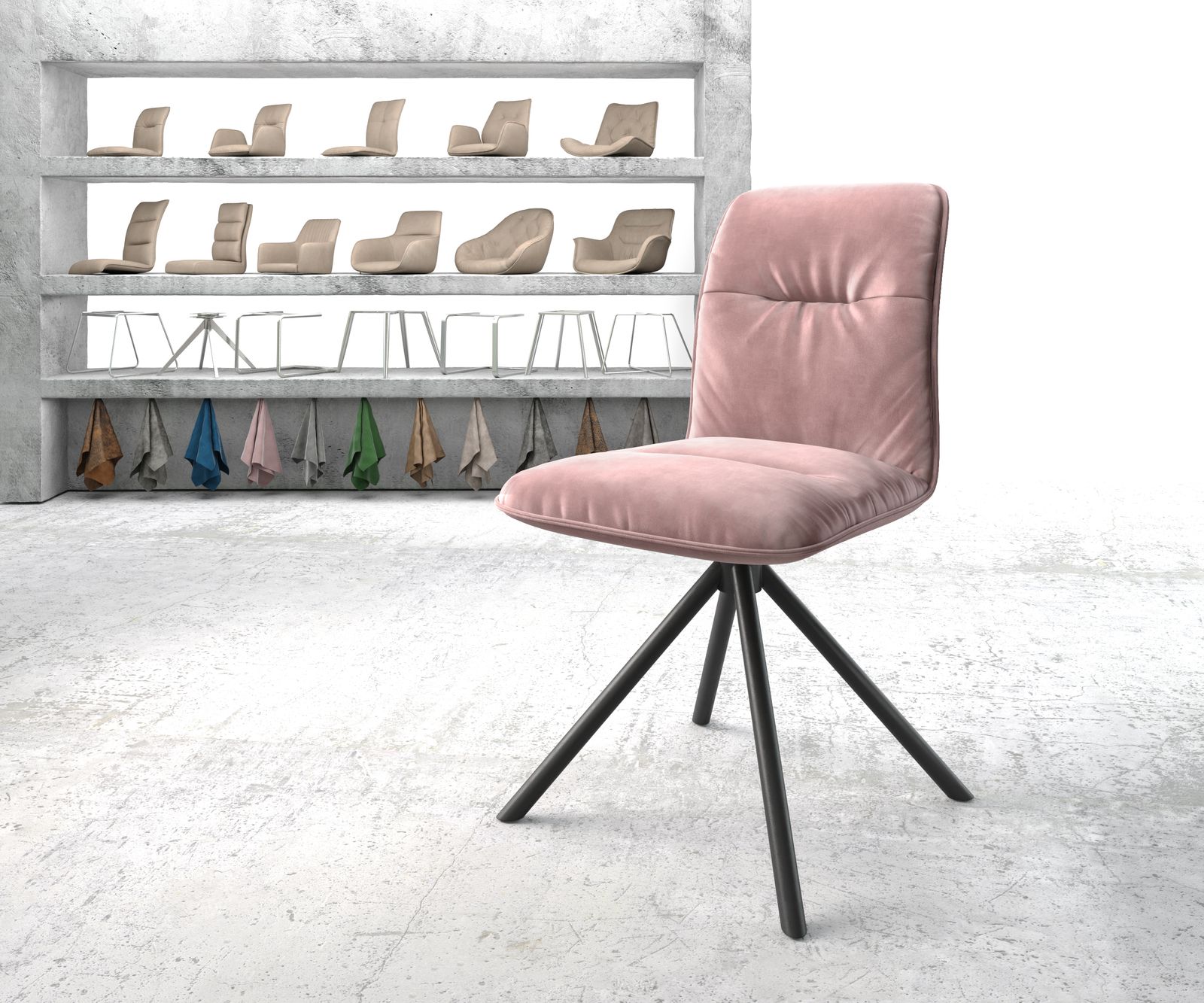 Chaise-pivotante Vinjo-Flex rosé velours cadre croisé rond noir