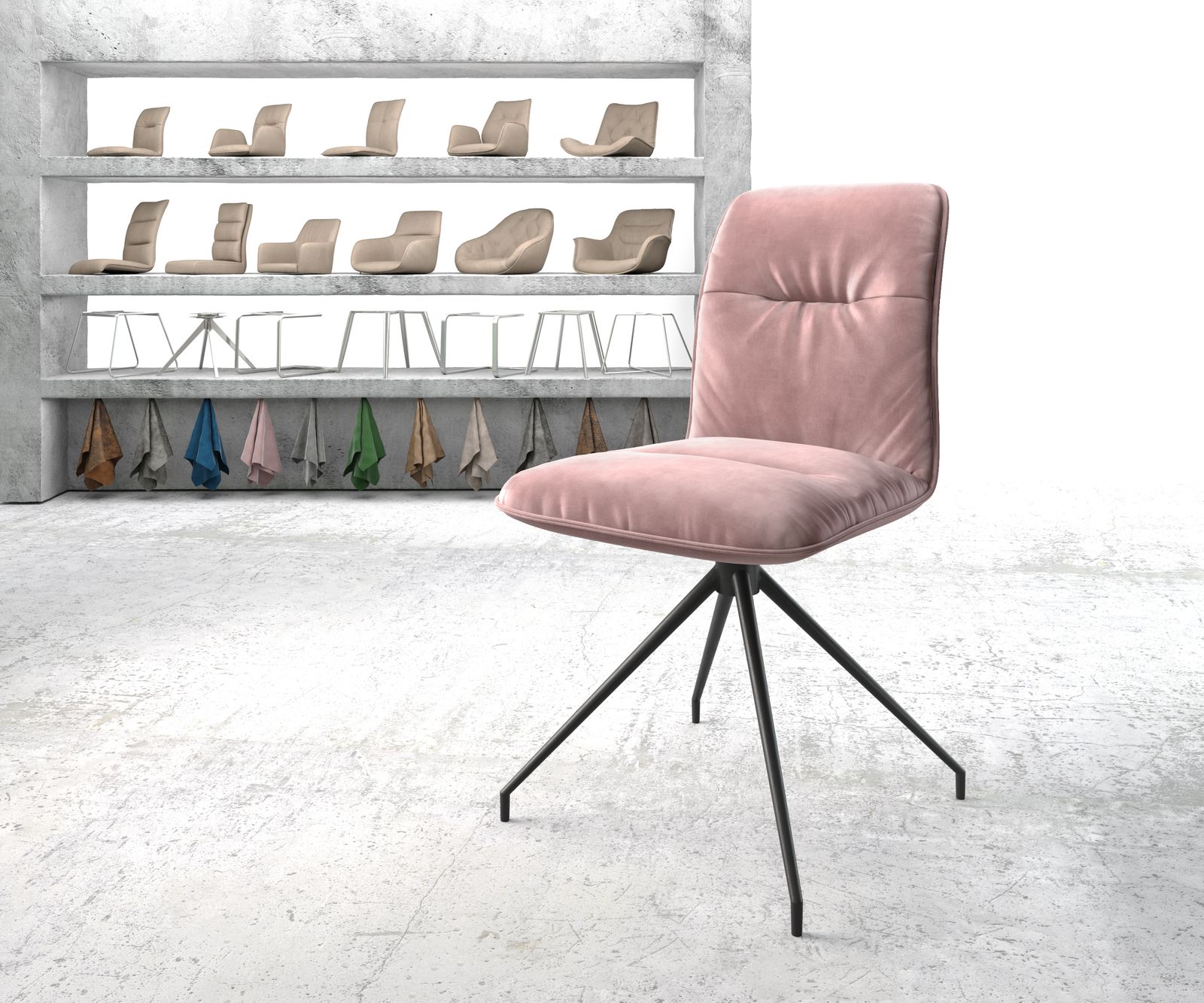 Chaise-pivotante Vinjo-Flex rosé velours cadre croisé conique noir