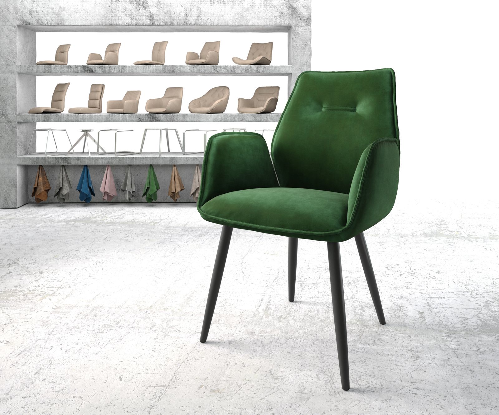 Fauteuil Zoa-Flex vert velours 4-pieds conique noir