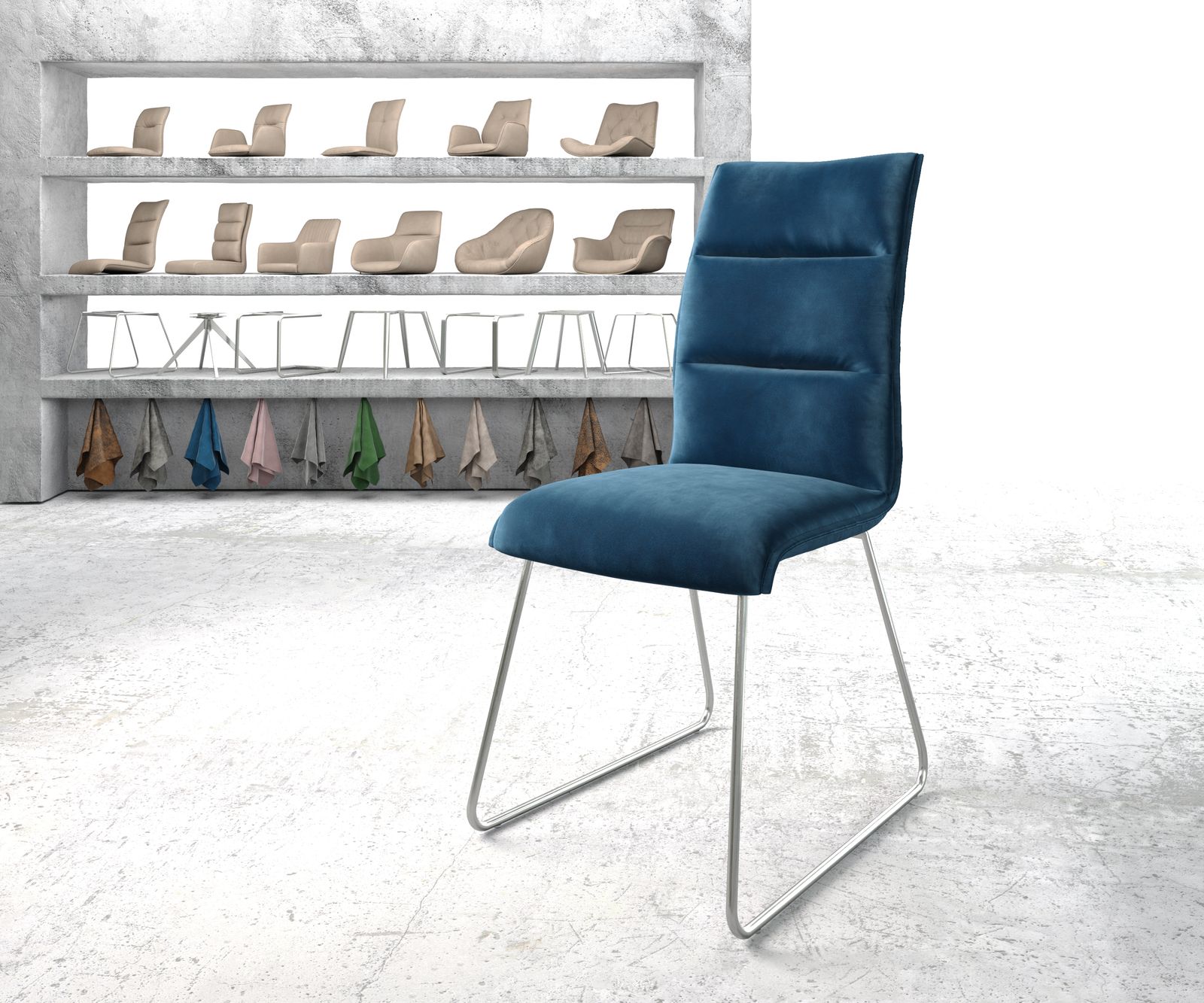 Chaise-de-salle-à-manger Xantus-Flex bleu velours cadre croisé acier inoxydable