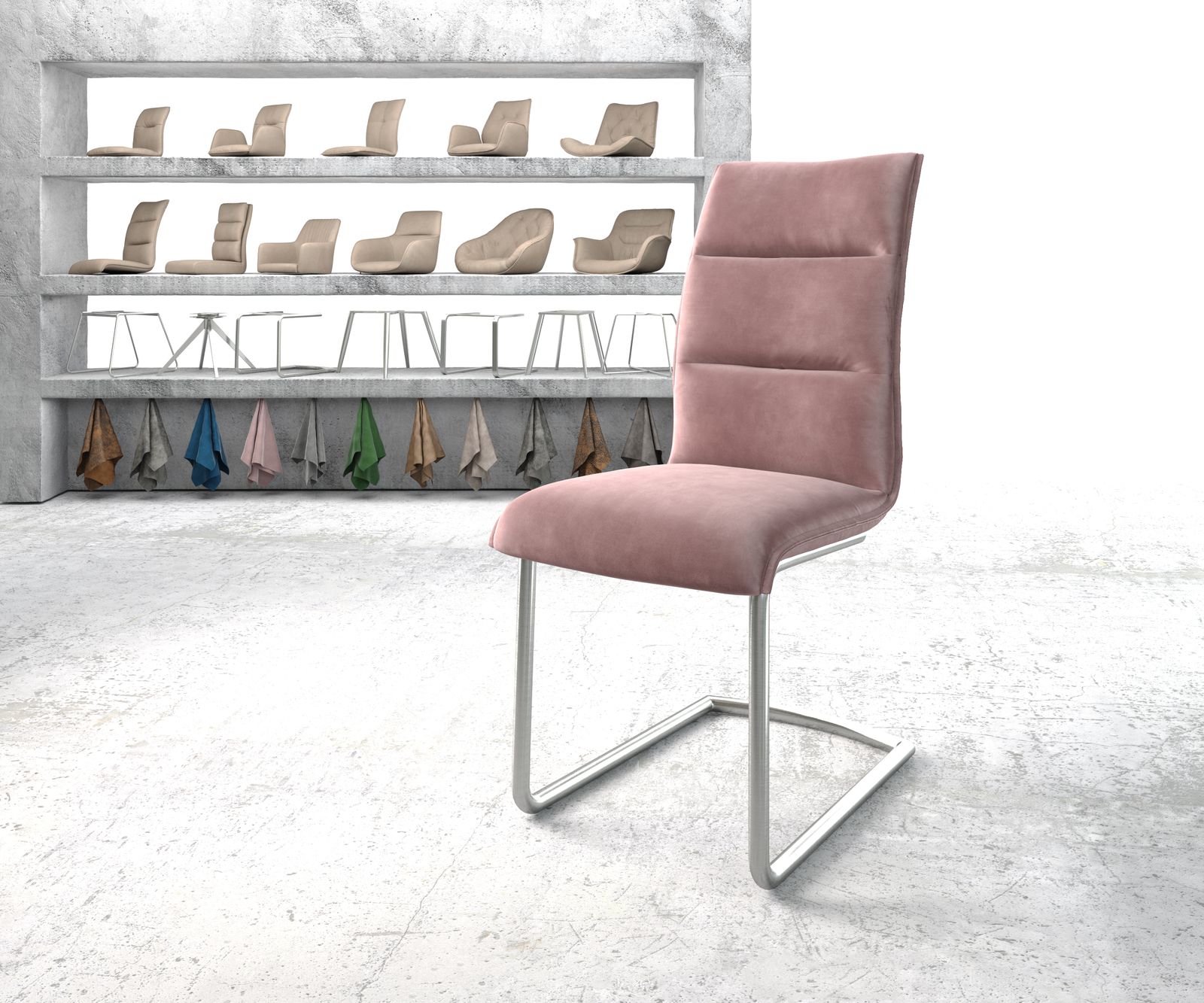 Chaise-de-salle-à-manger Xantus-Flex rosé velours cantilever rond acier inoxydable