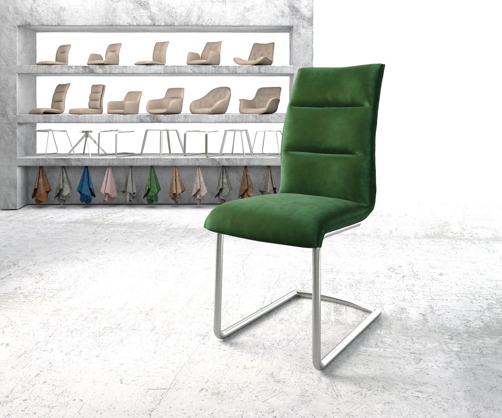 Chaise-de-salle-à-manger Xantus-Flex vert velours cantilever rond acier inoxydable