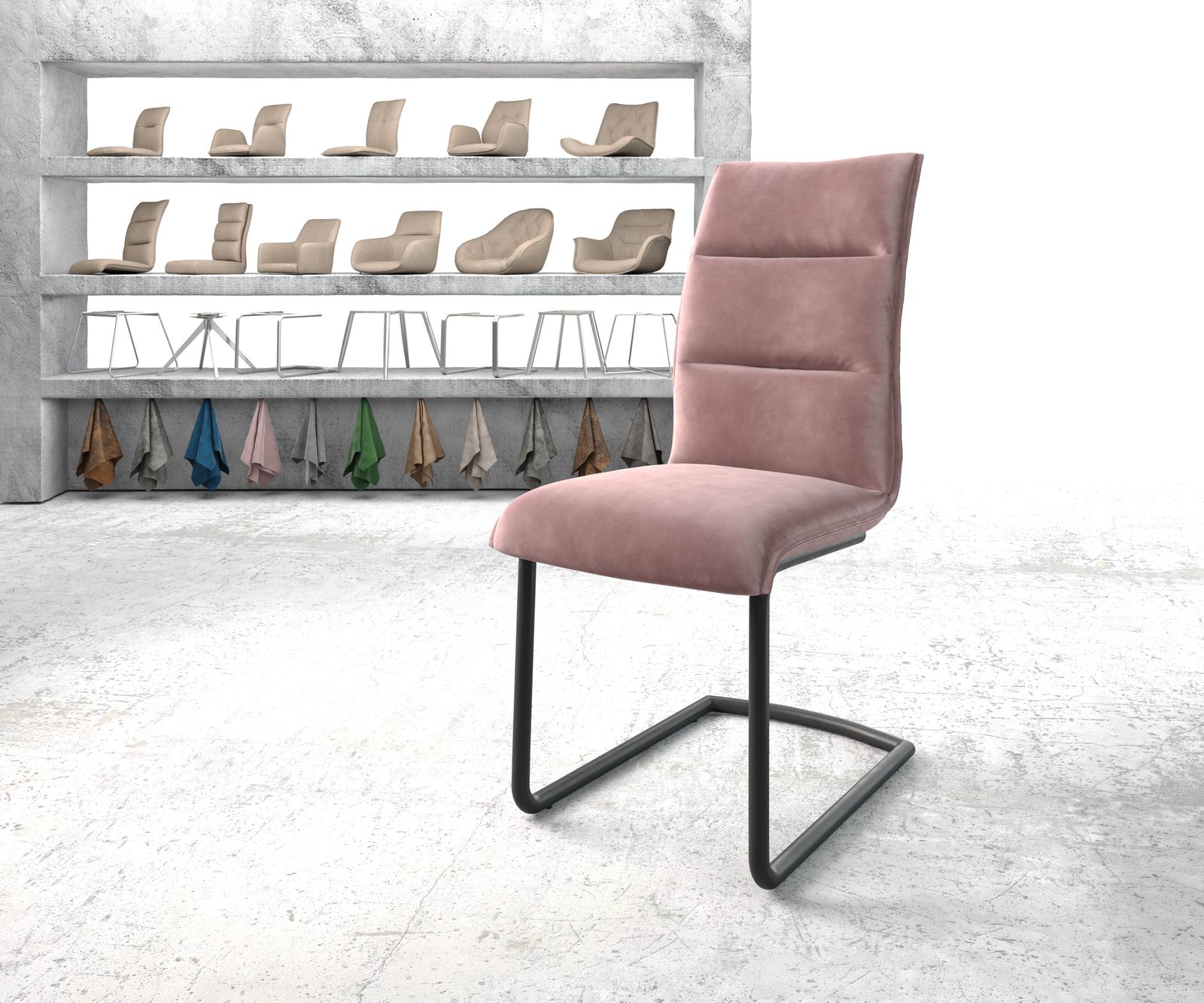 Chaise-de-salle-à-manger Xantus-Flex rosé velours cantilever rond noir