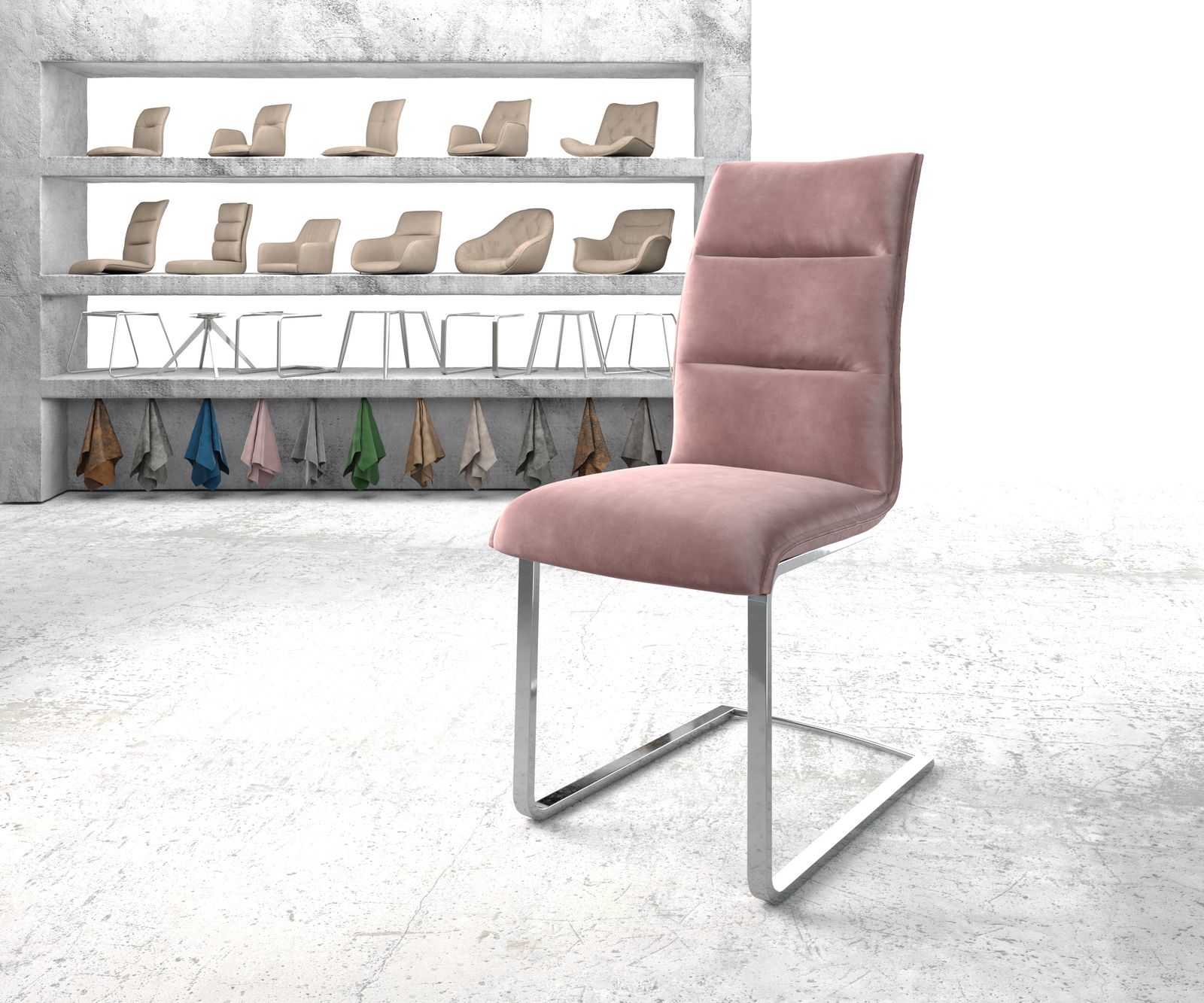 Chaise-de-salle-à-manger Xantus-Flex rosé velours cantilever plat chromé