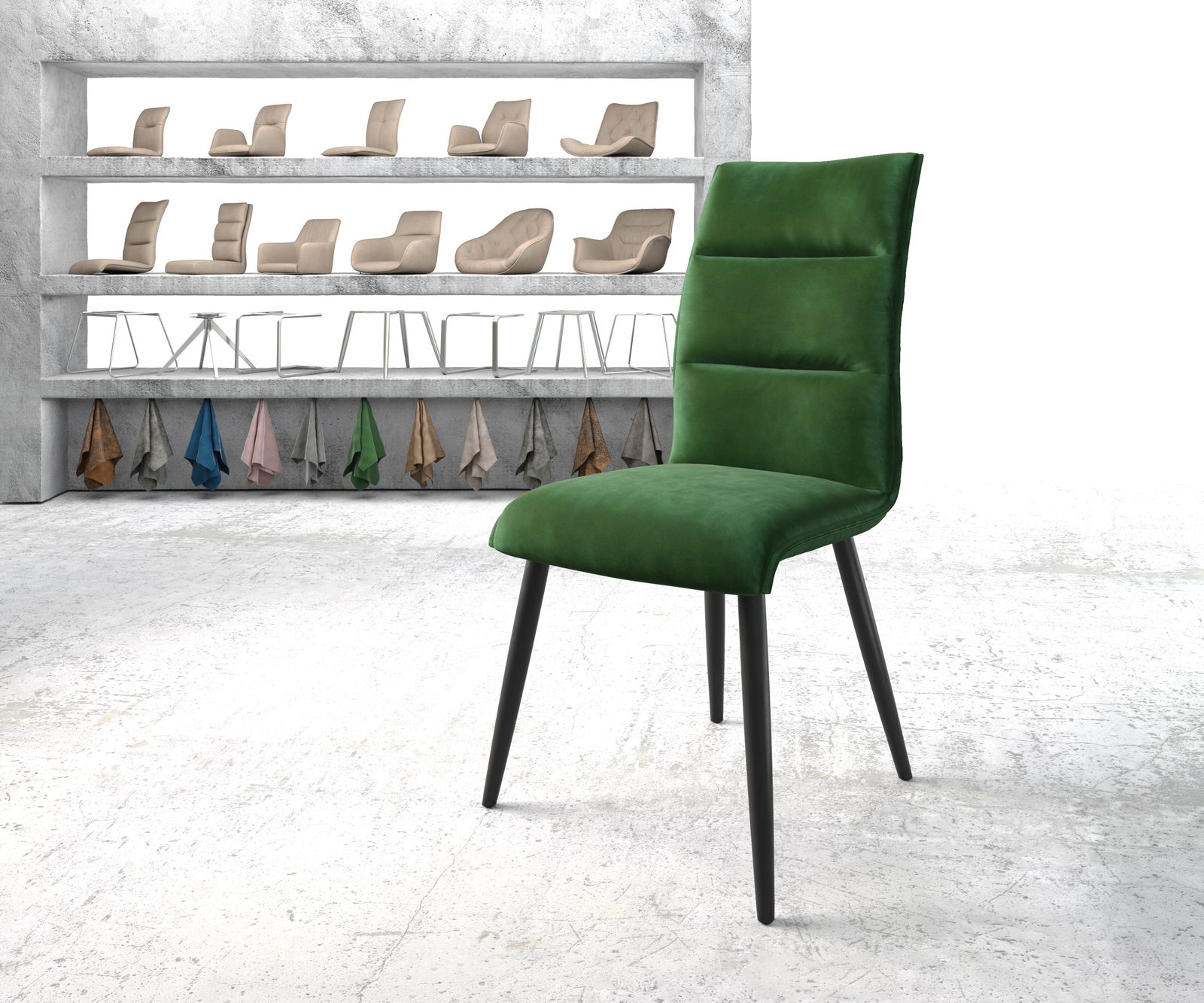 Chaise-de-salle-à-manger Xantus-Flex vert velours 4-pieds conique noir