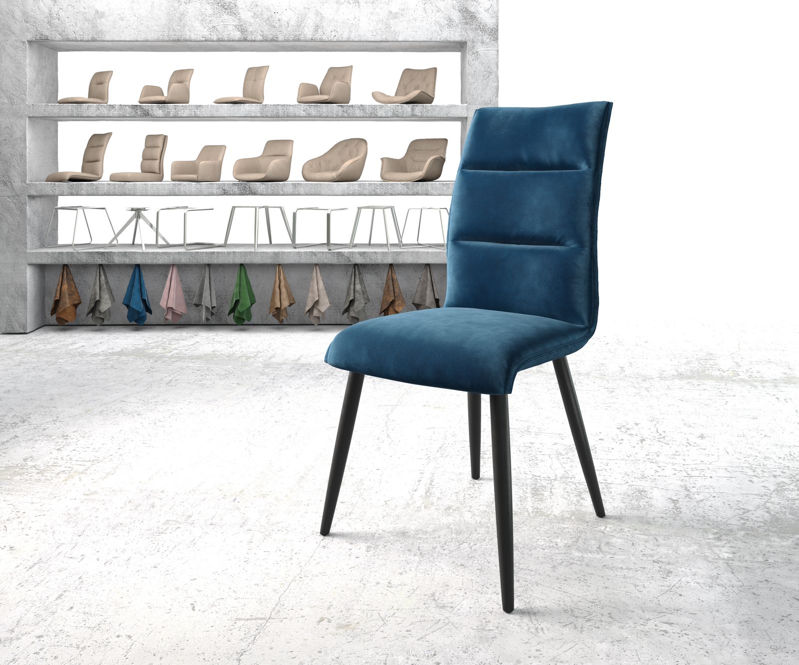 Chaise-de-salle-à-manger Xantus-Flex bleu velours 4-pieds conique noir