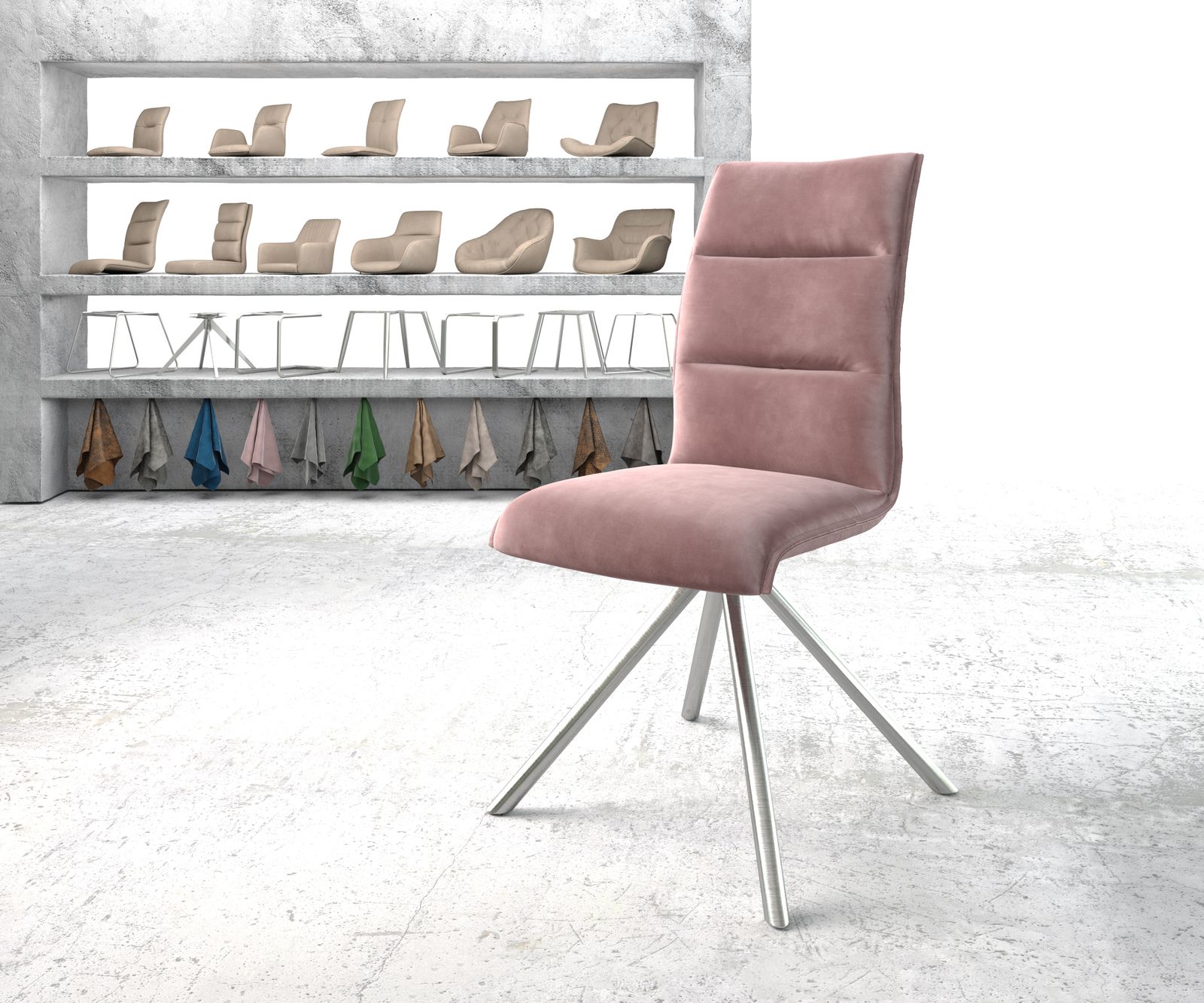 Chaise-pivotante Xantus-Flex rosé velours cadre croisé rond acier inoxydable