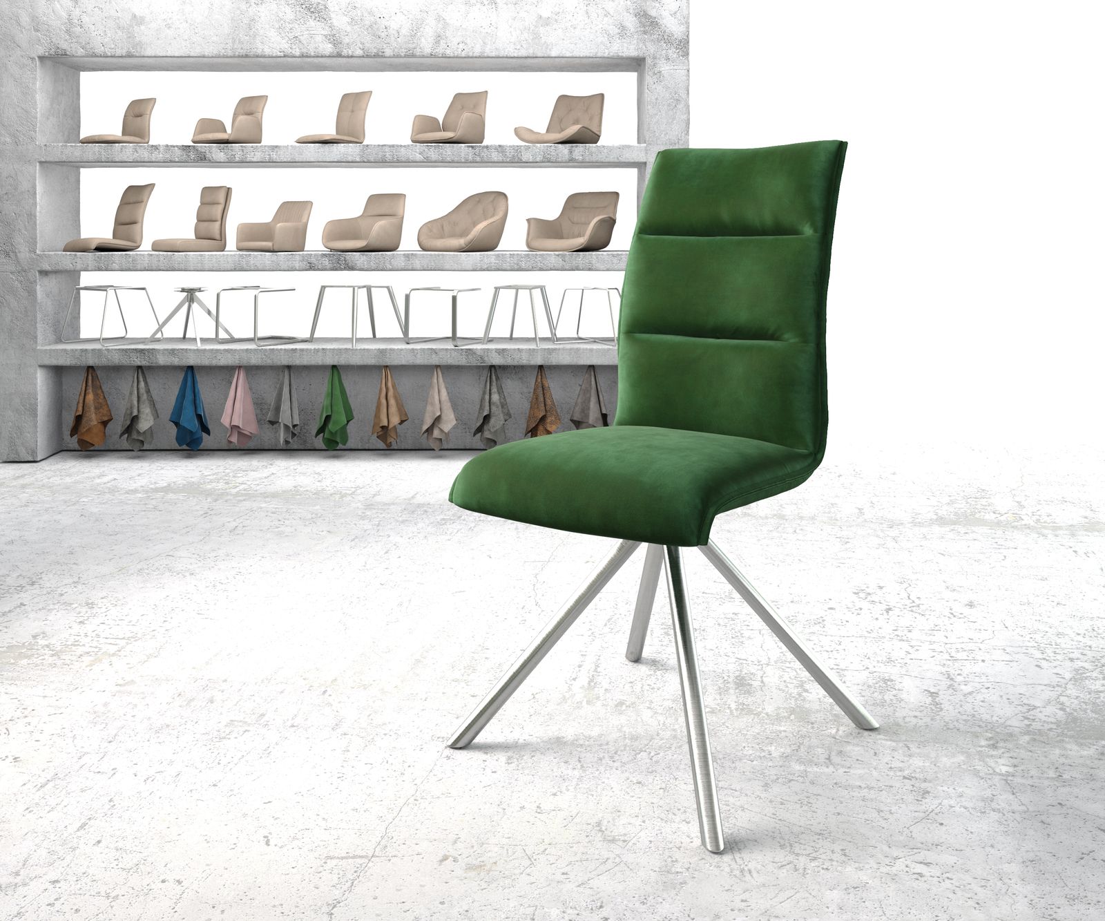 Chaise-pivotante Xantus-Flex vert velours cadre croisé rond acier inoxydable