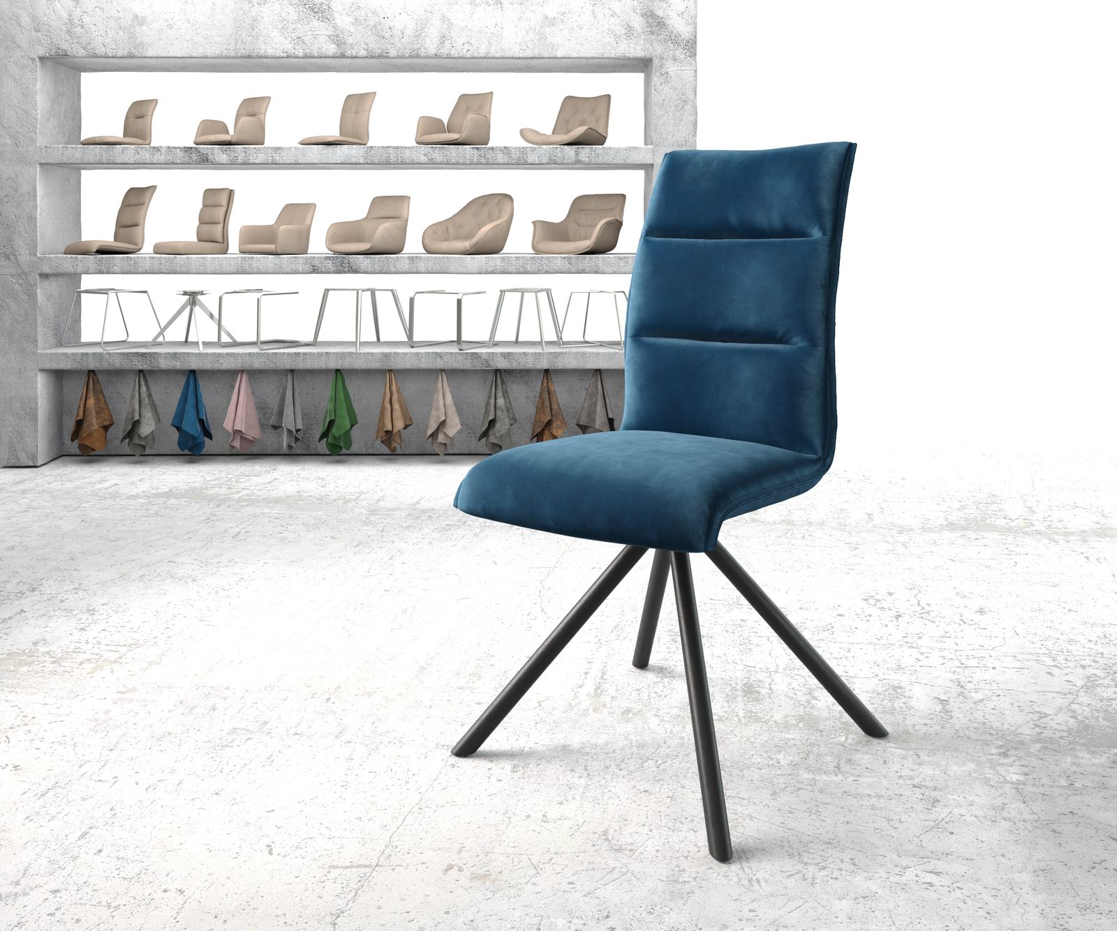 Chaise-pivotante Xantus-Flex bleu velours cadre croisé rond noir