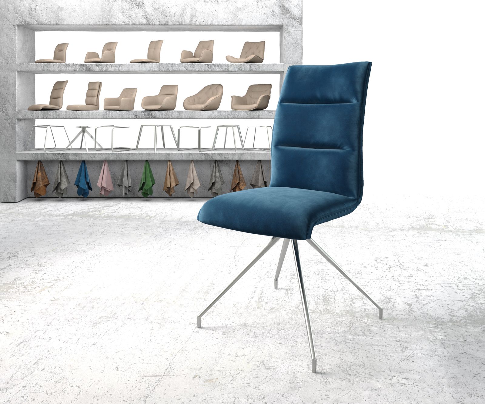 Chaise-pivotante Xantus-Flex bleu velours cadre croisé conique acier inoxydable