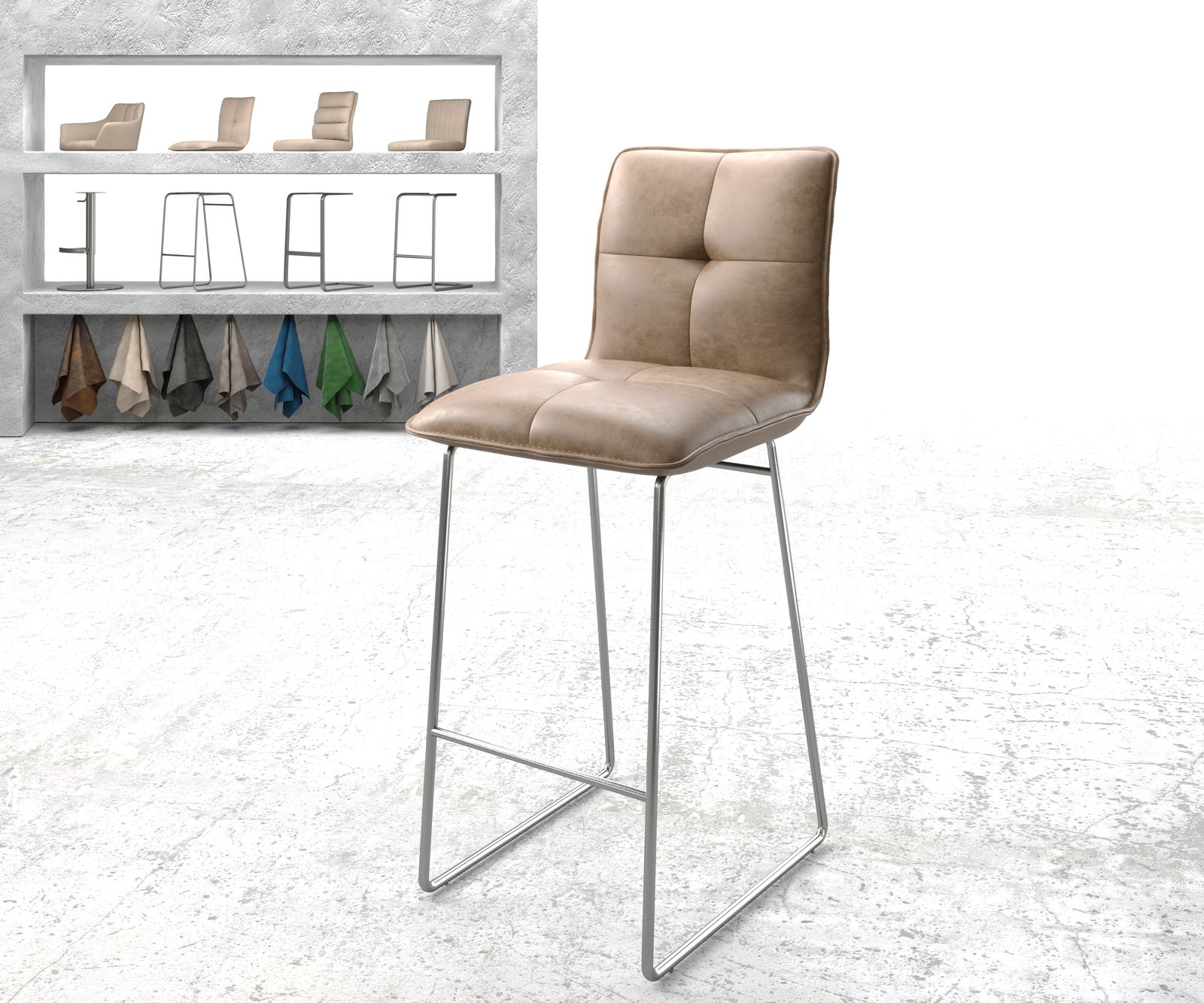 Chaise-de-bar Maddy-Flex marron faux cuir vintage cadre de patins acier inoxydable