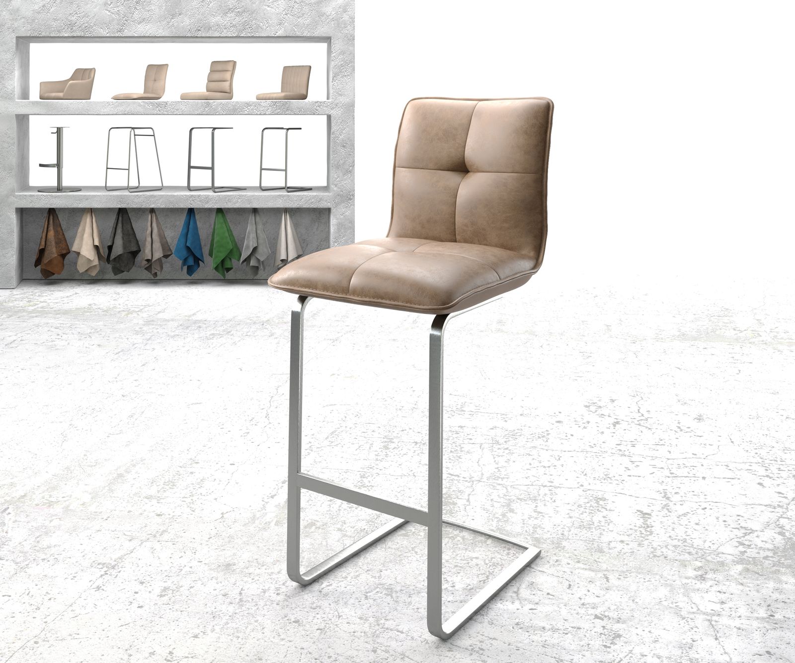 Chaise-de-bar Maddy-Flex marron faux cuir vintage chaise cantilever acier plat inoxydable