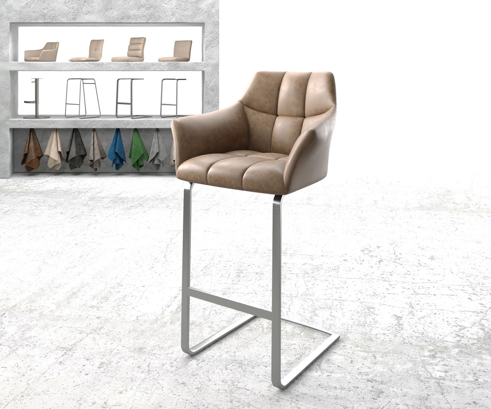 Chaise-de-bar Yulo-Flex marron faux cuir vintage chaise cantilever acier plat inoxydable