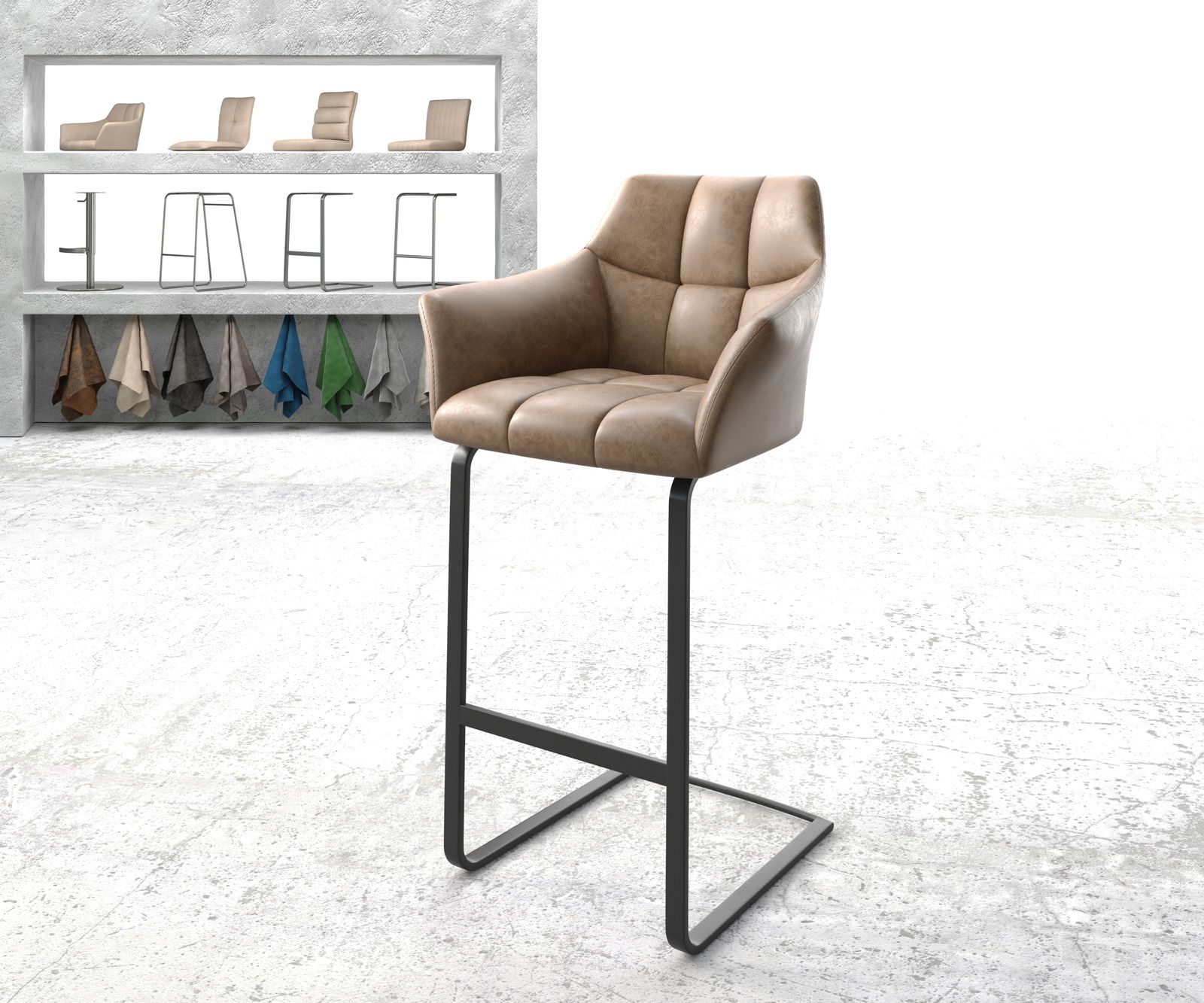 Chaise-de-bar Yulo-Flex marron faux cuir vintage chaise cantilever métal plat