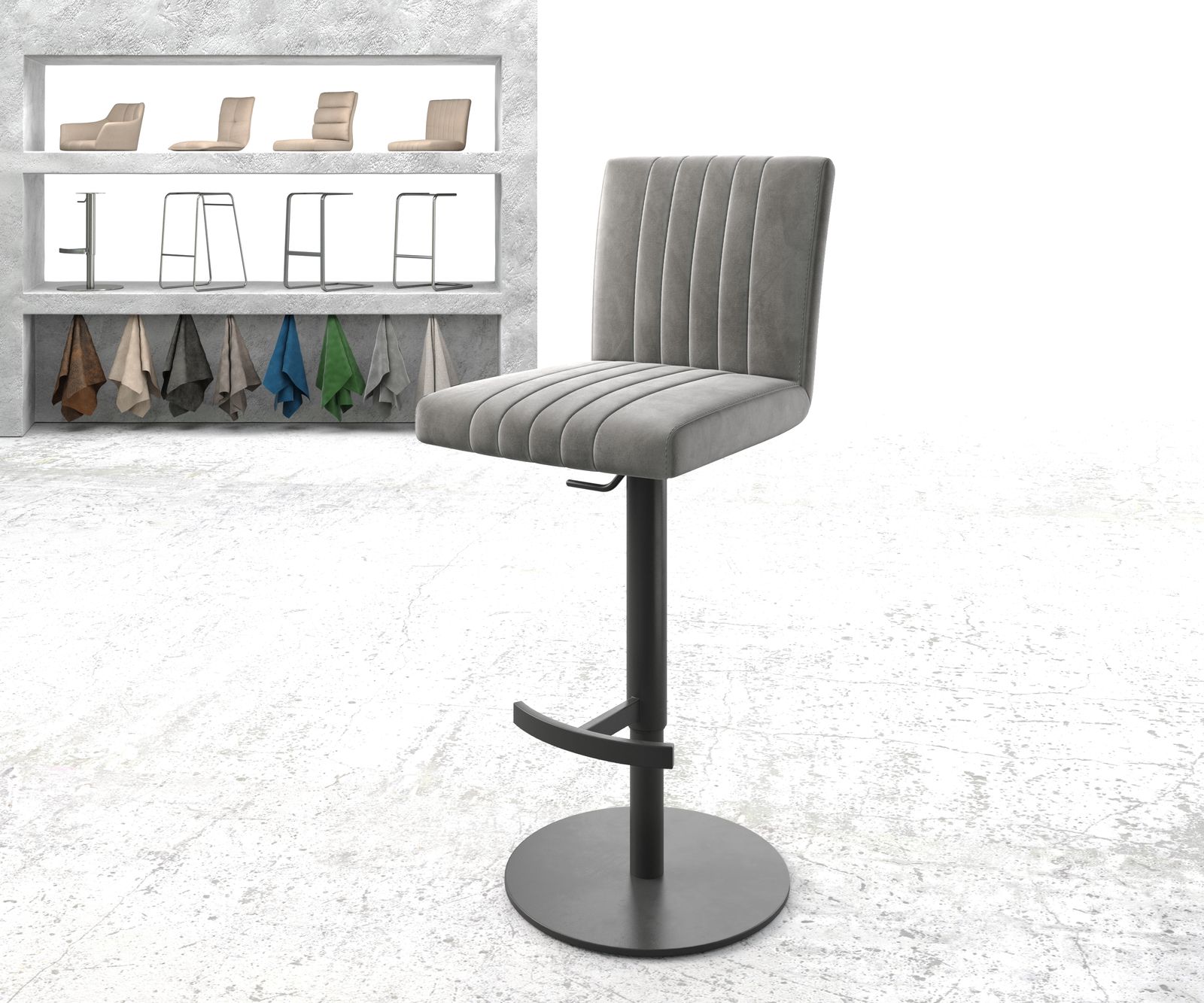 Chaise-de-bar Luiga-Flex velours gris pied pivotant réglable en hauteur métal