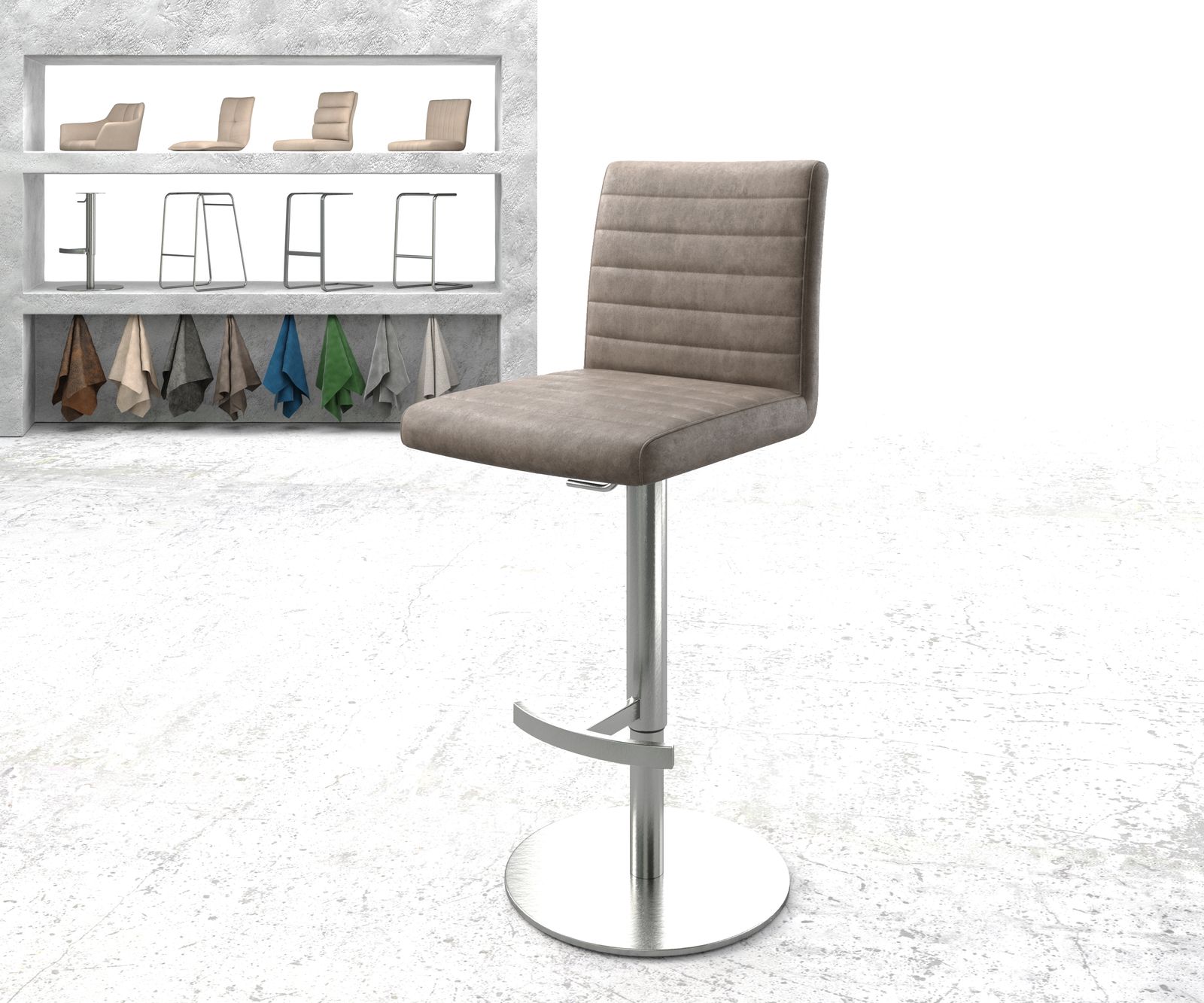 Chaise-de-bar Earnest-Flex vintage taupe pied pivotant réglable en hauteur acier inoxydable