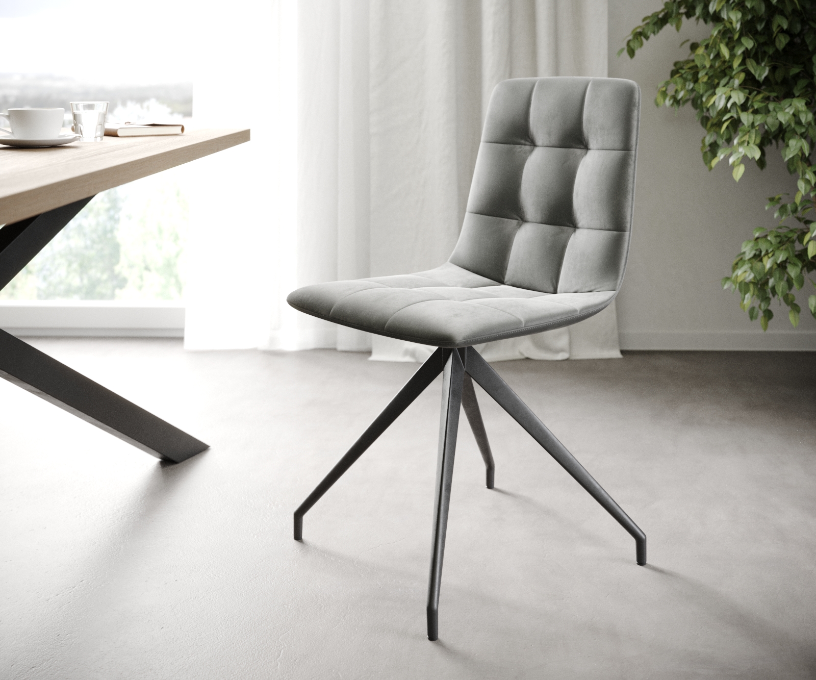 L'ensemble-de-4-chaises Caro-Adesso gris clair velours cadre croisé