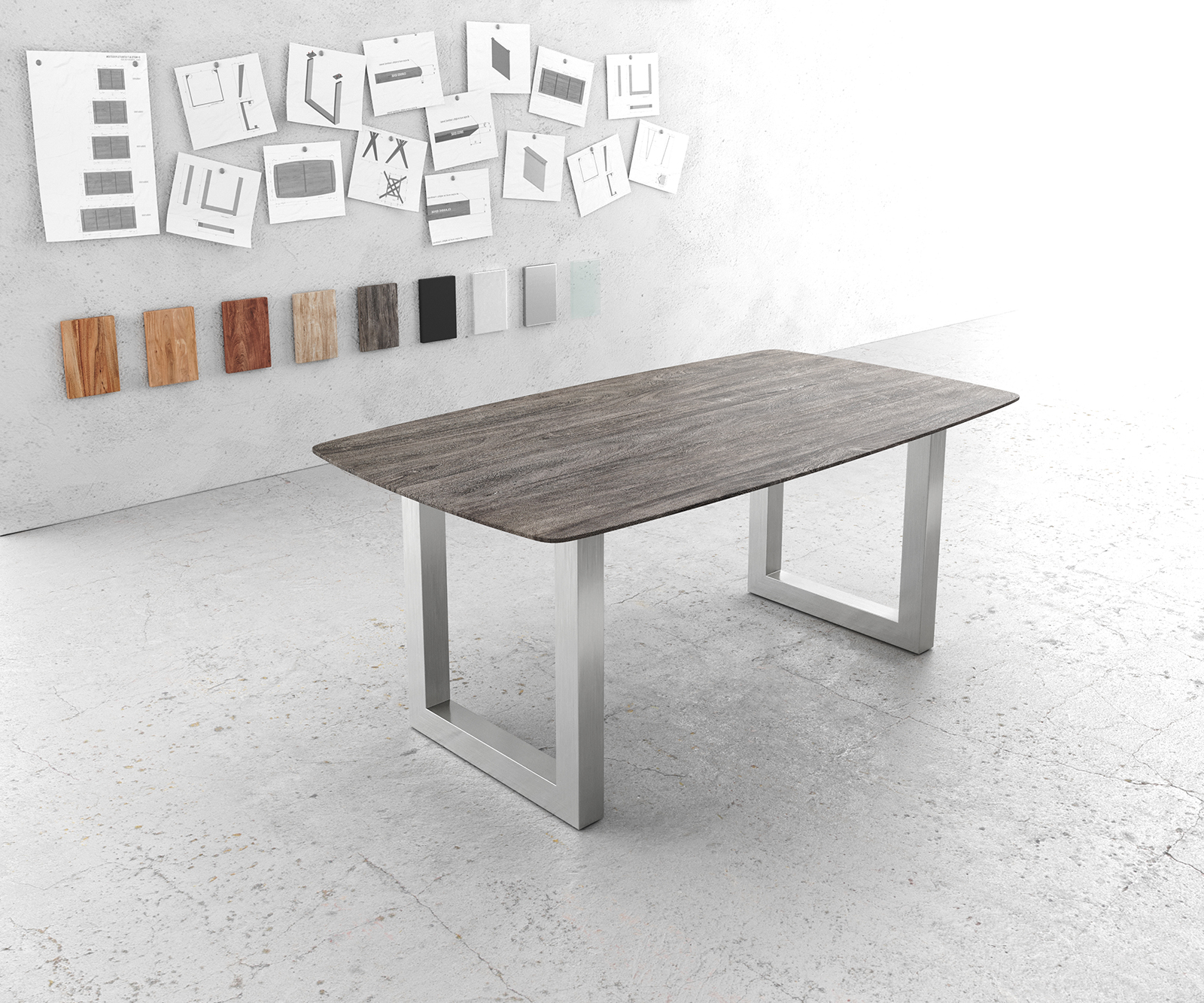 Table à manger Edge Boot 180x90 Acacia Platine Acier inoxydable Large Bord Suisse