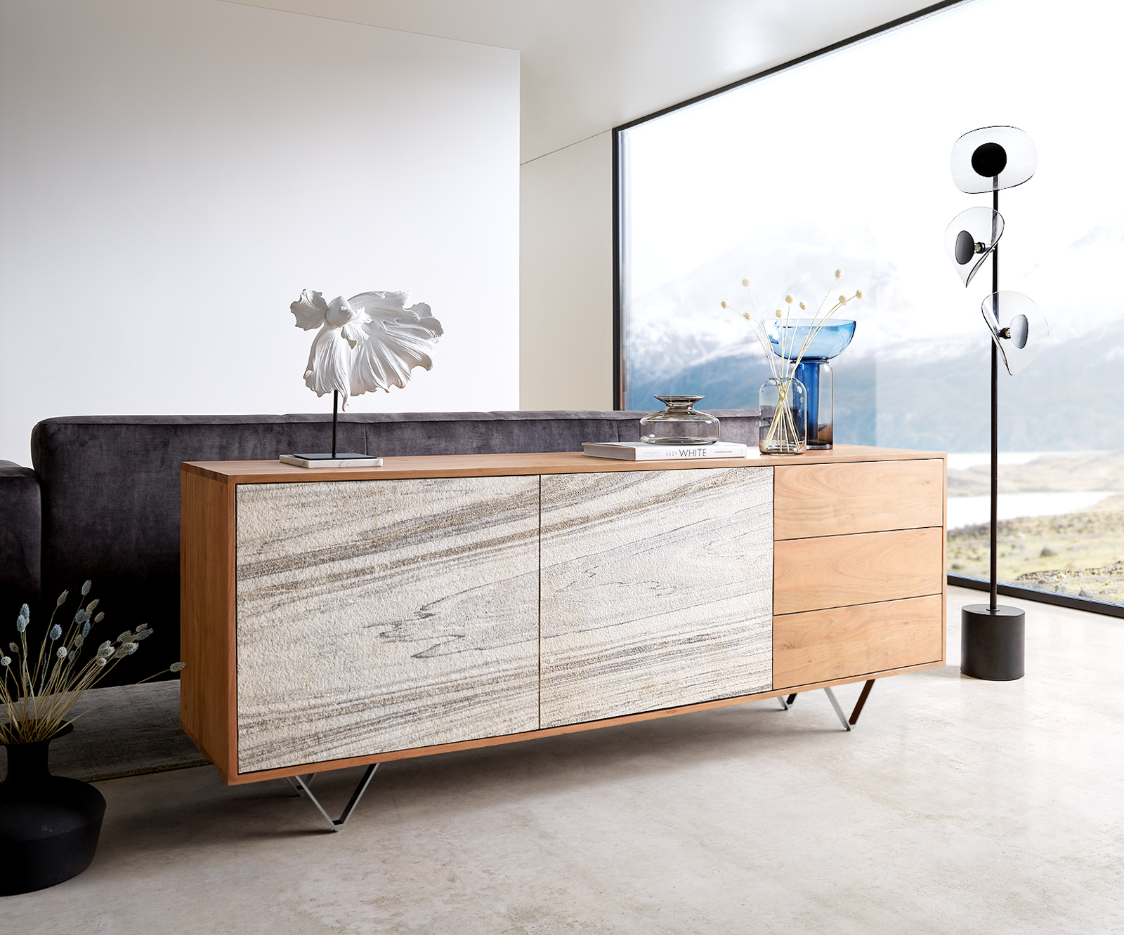 Sideboard Kleo 175 cm Akazie Natur 2 Türen 3 Schübe V-Fuß Edelstahl