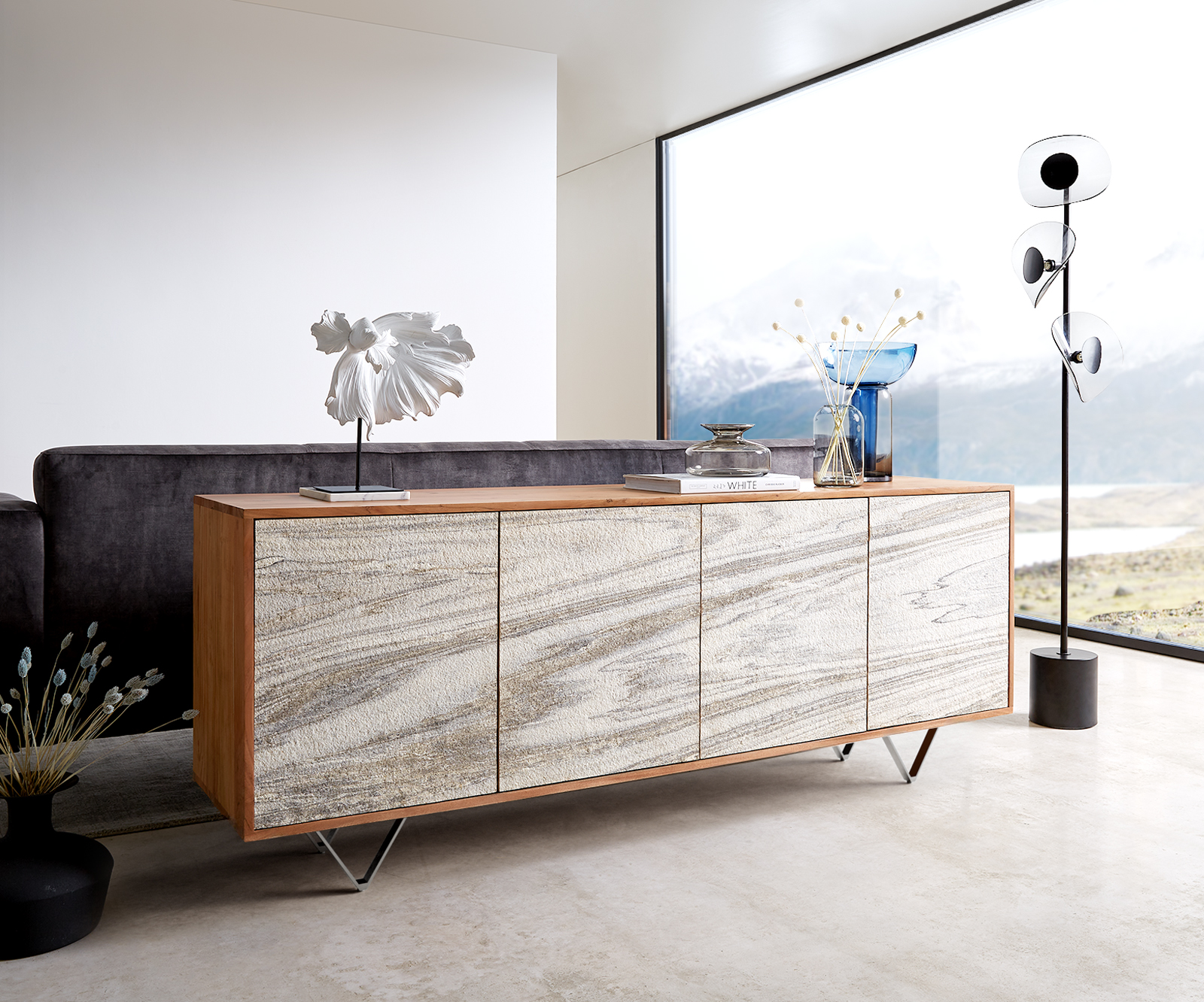 Sideboard Kleo 175 cm Akazie Natur 4 Türen V-Fuß Edelstahl